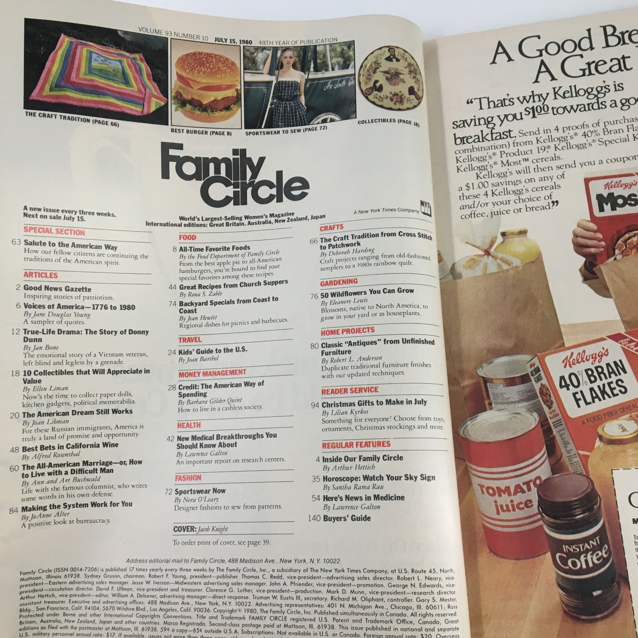 Inside page of VTG Family Circle Magazine July 15 1980 displaying the table of contents with articles on family-oriented topics, crafts, favorite recipes, and advertisements.