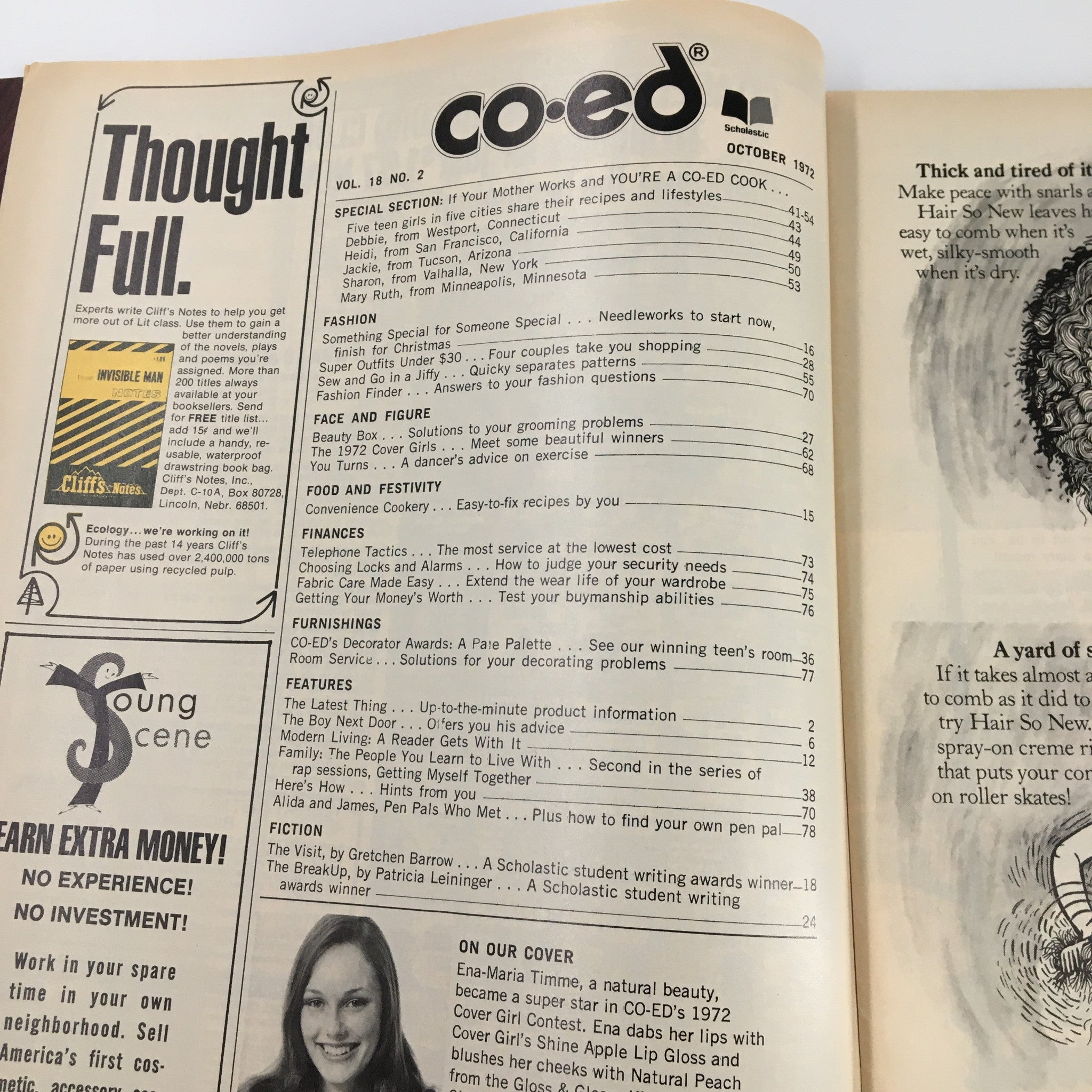 Interior page of the October 1972 Co-Ed Magazine, highlighting various articles and features, including a recipe section and a list of contents relevant to teenage life, with Ena-Maria Timme recognized as the cover girl.