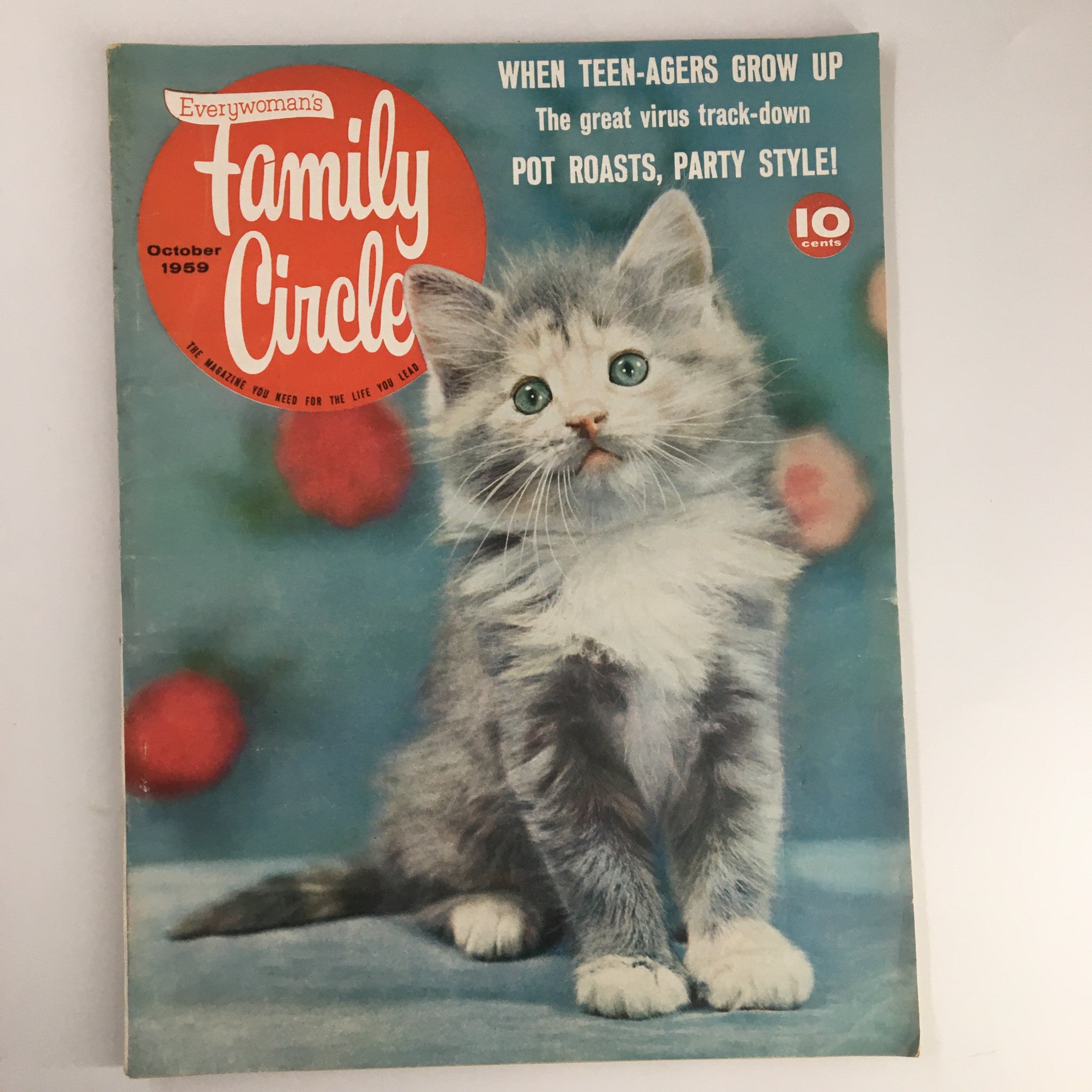 Cover of VTG Family Circle Magazine from October 1959 showcasing a cute kitten with blue eyes and the headline 'When Teen-Agers Grow Up.' The vintage magazine reflects cultural themes from the late 1950s.