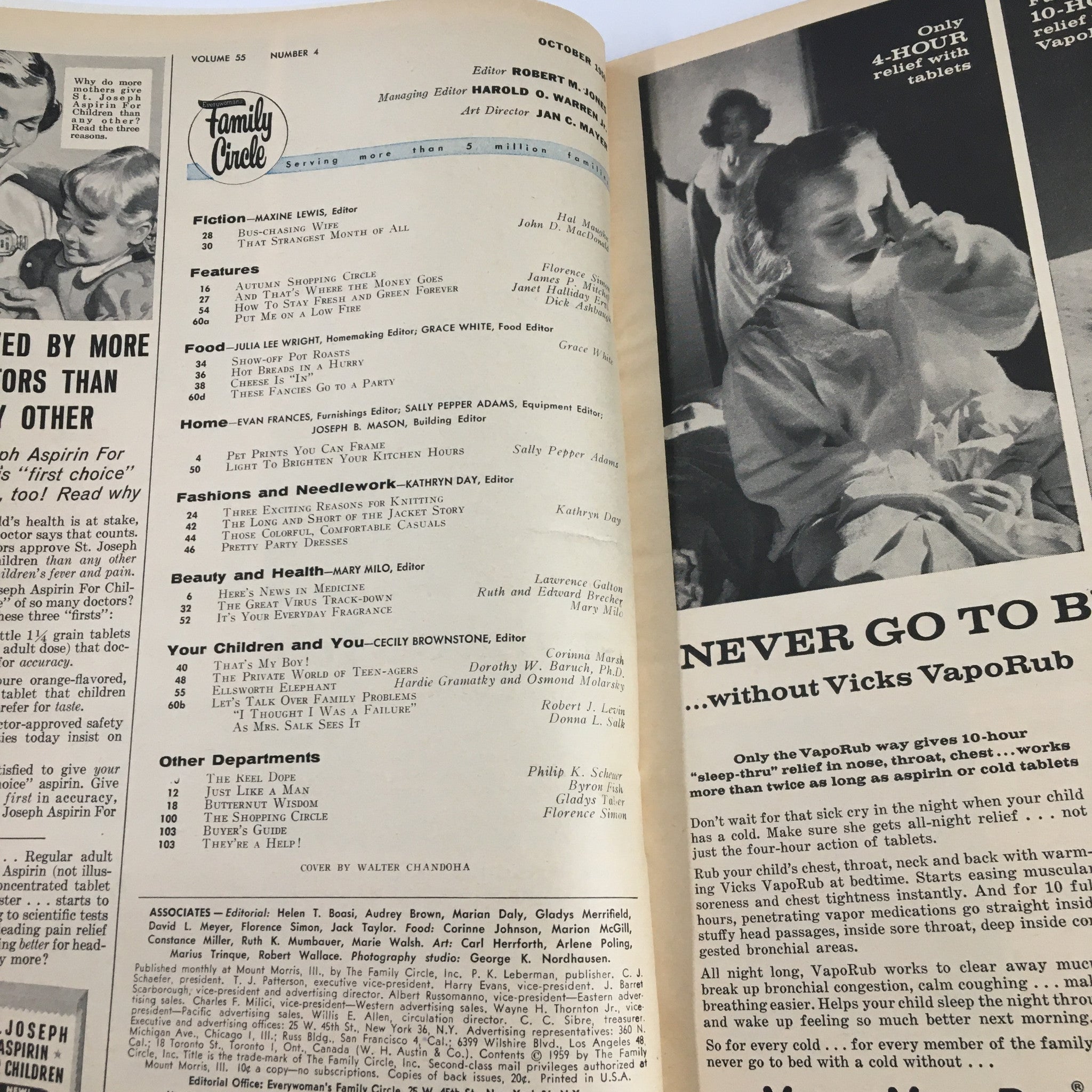 Inside page of VTG Family Circle Magazine from October 1959, featuring the contents section and an advertisement for Vicks VapoRub. This page illustrates the magazine's editorial layout, capturing the essence of vintage publications.