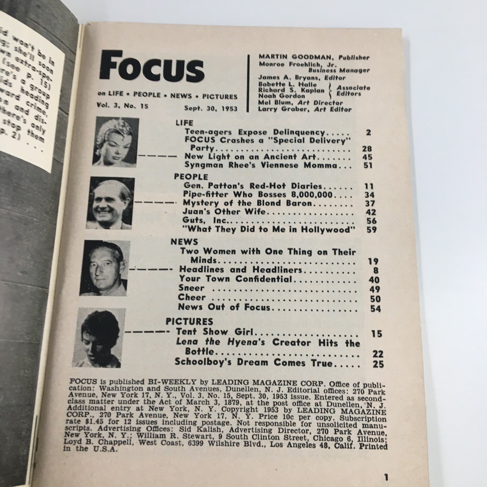 Inside page of VTG Focus Magazine September 30 1953 displaying the table of contents, highlighting articles such as 'Gen. Patton's Red-Hot Diaries' and various features.