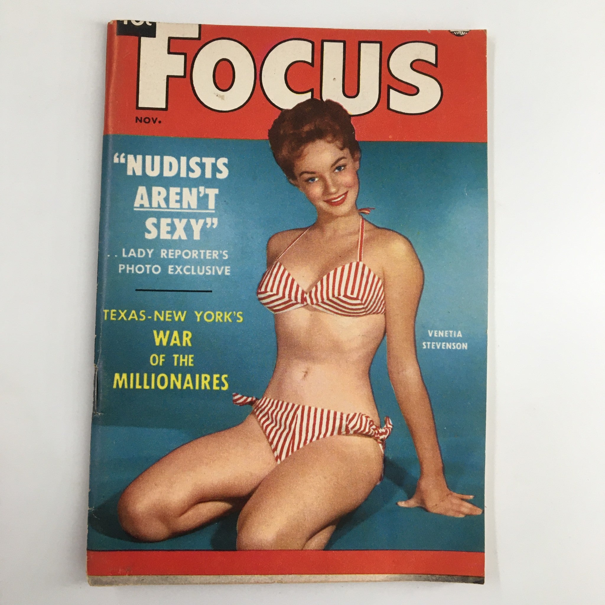 VTG Focus Magazine November 1954 cover featuring actress Venetia Stevenson in a red and white striped bikini, with the headline 'Nudists Aren't Sexy' and additional text about articles within.