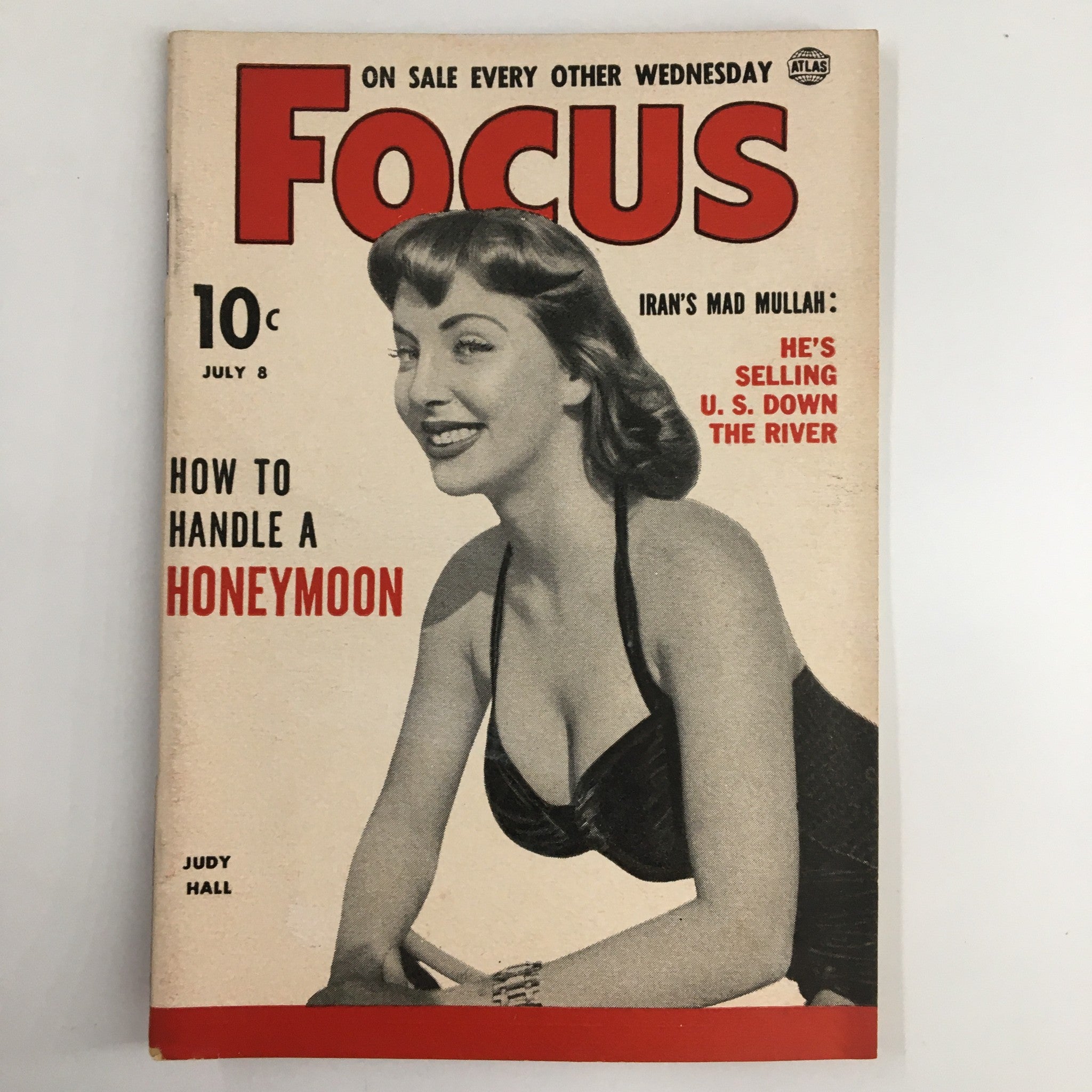 VTG Focus Magazine July 8 1953 featuring Judy Hall on the cover, showcasing her advice on handling a honeymoon with a vintage aesthetic.