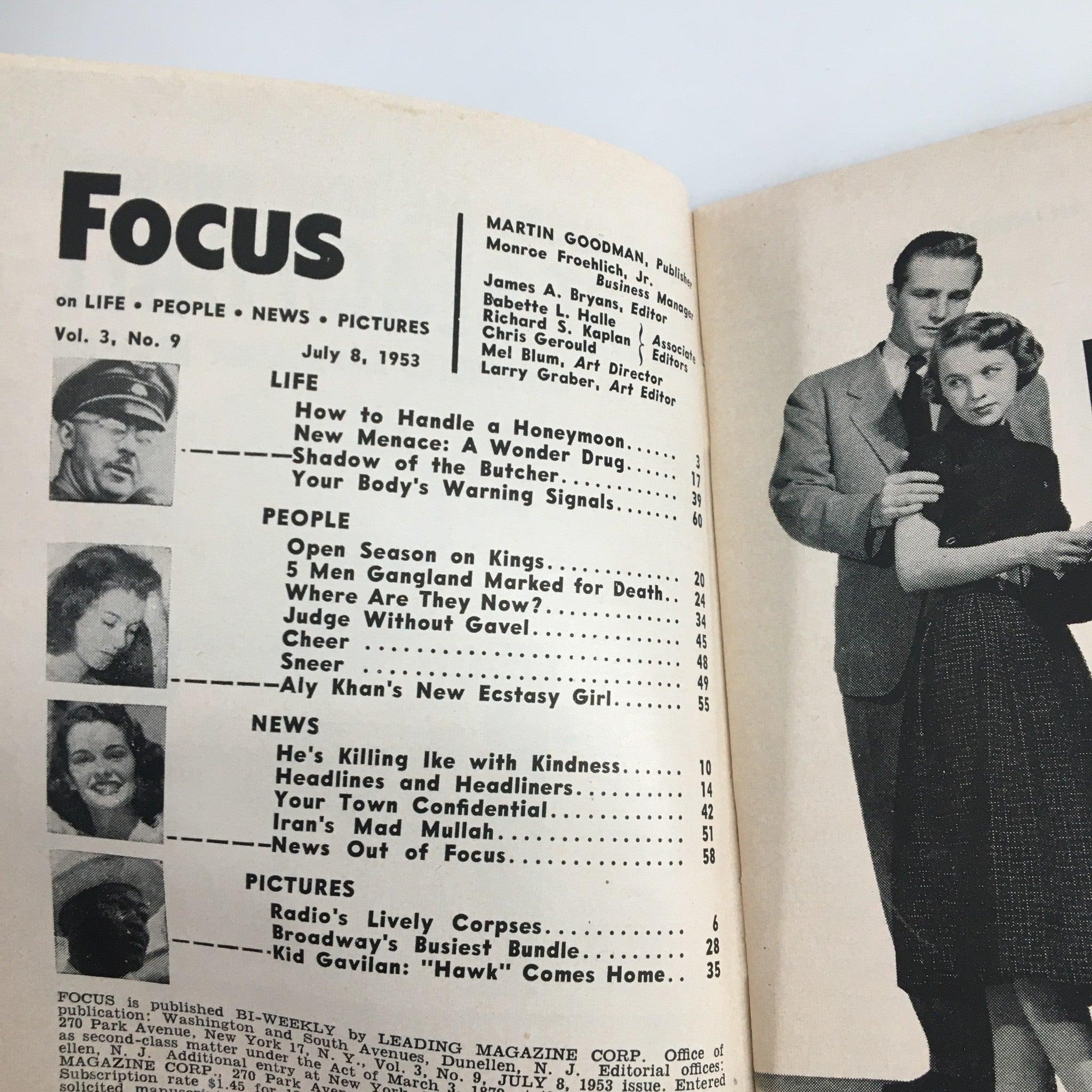 Interior page of VTG Focus Magazine July 8 1953 displaying the table of contents, highlighting the article 'How To Handle A Honeymoon' and other features from the issue.