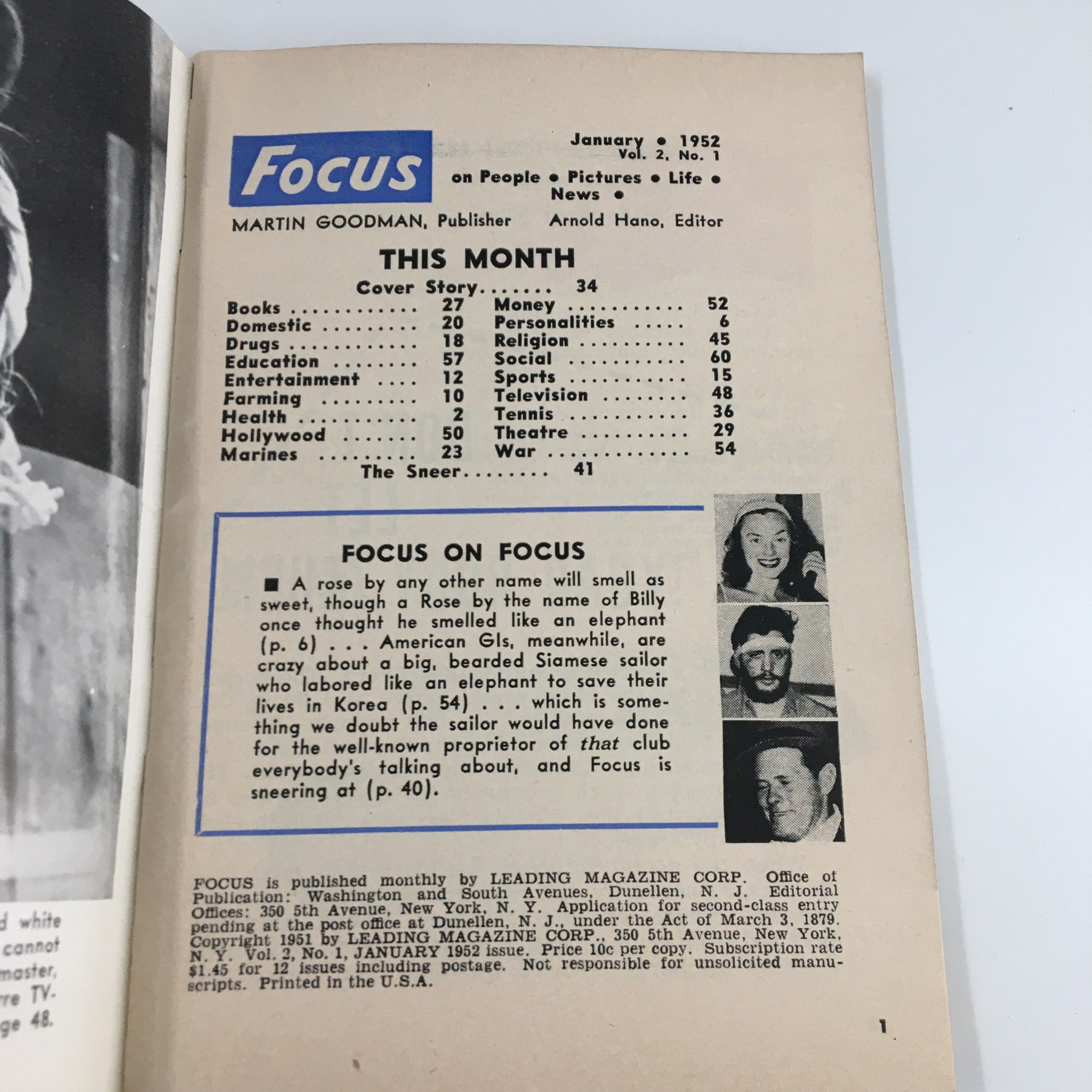 VTG Focus Magazine January 1952 Diane Armstrong Brains and Beauty No Label