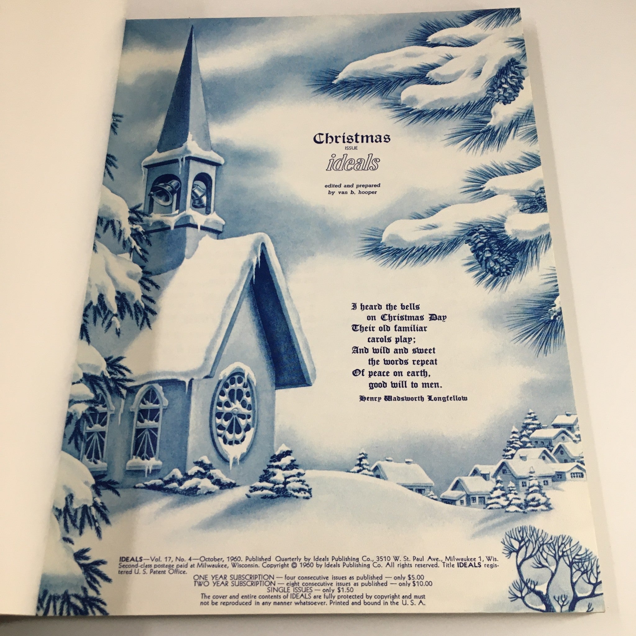 Back cover of Ideals Vol. 17 No. 4 October 1960 Christmas Issue with a serene winter scene, depicting a snow-covered church and pine trees, enhancing the holiday theme.