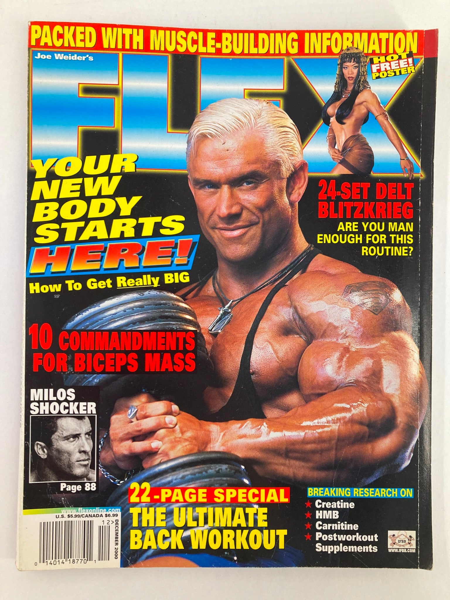 Flex Magazine December 2000 cover featuring Lee Priest, showcasing muscle-building tips and fitness information.