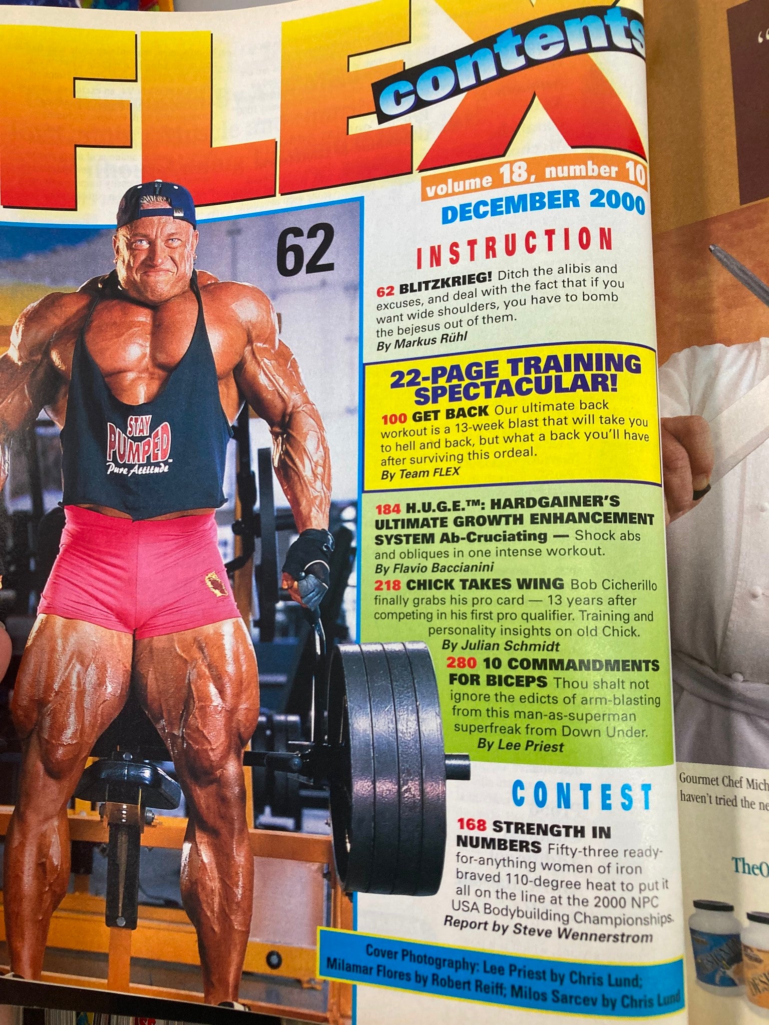 Contents page of Flex Magazine December 2000, Volume 18, Issue 10, highlighting articles on body training and fitness routines.