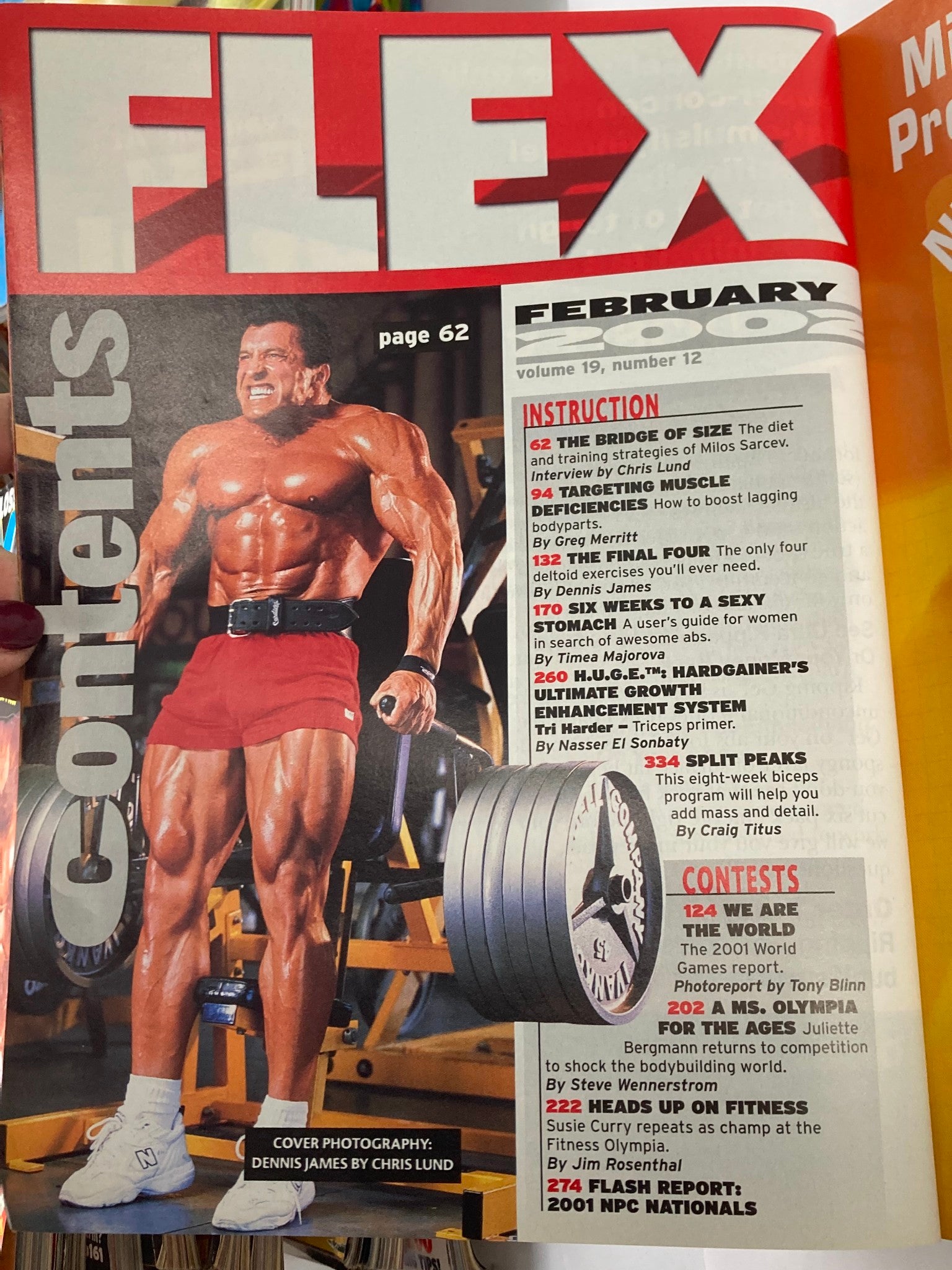 Inside page of Flex Magazine February 2002 Vol 19 #12 displaying contents with fitness topics and a photograph of bodybuilder Dennis James.