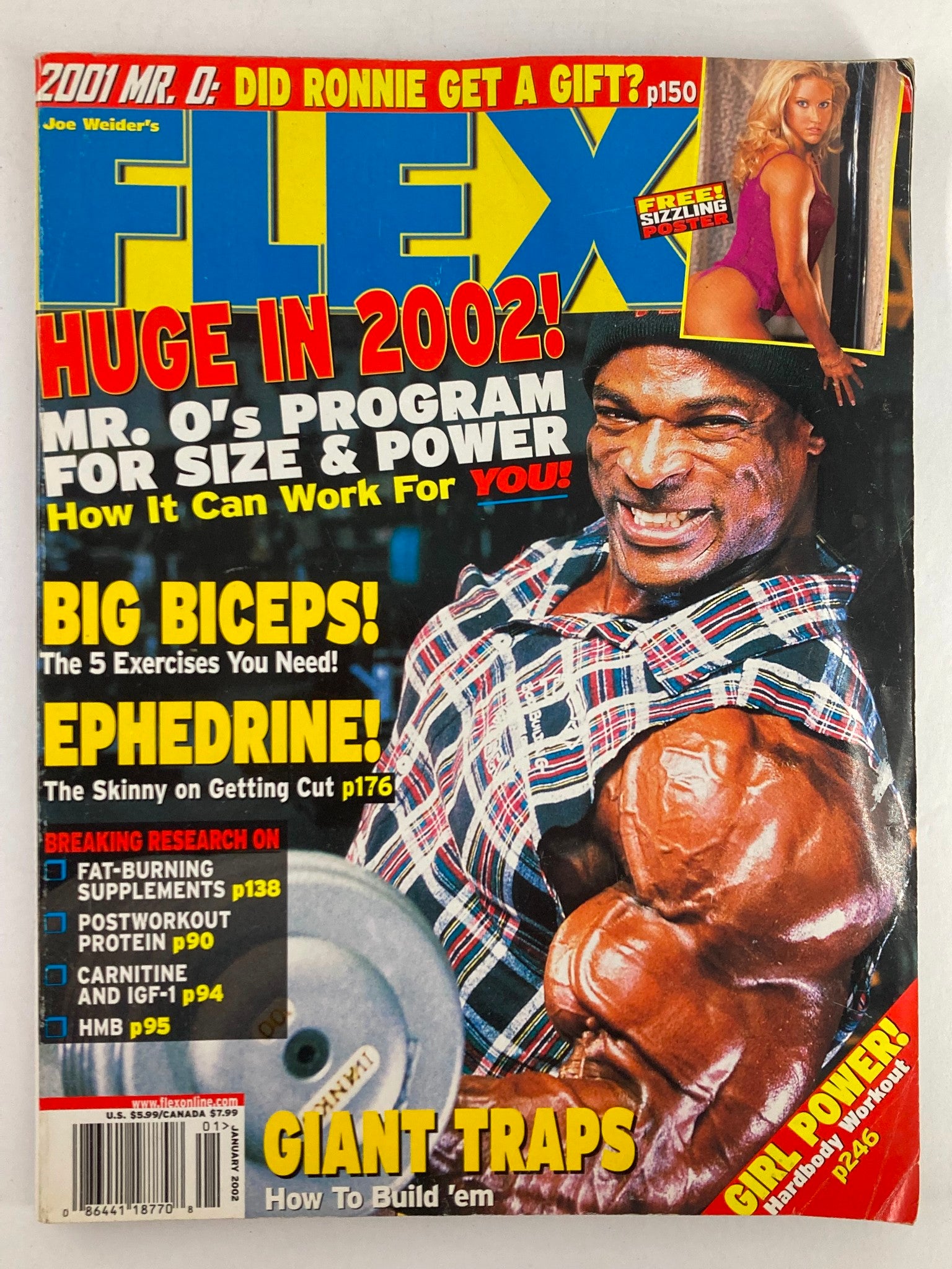 Flex Magazine January 2002 Ronnie Coleman & Beth Horn w Poster No Label