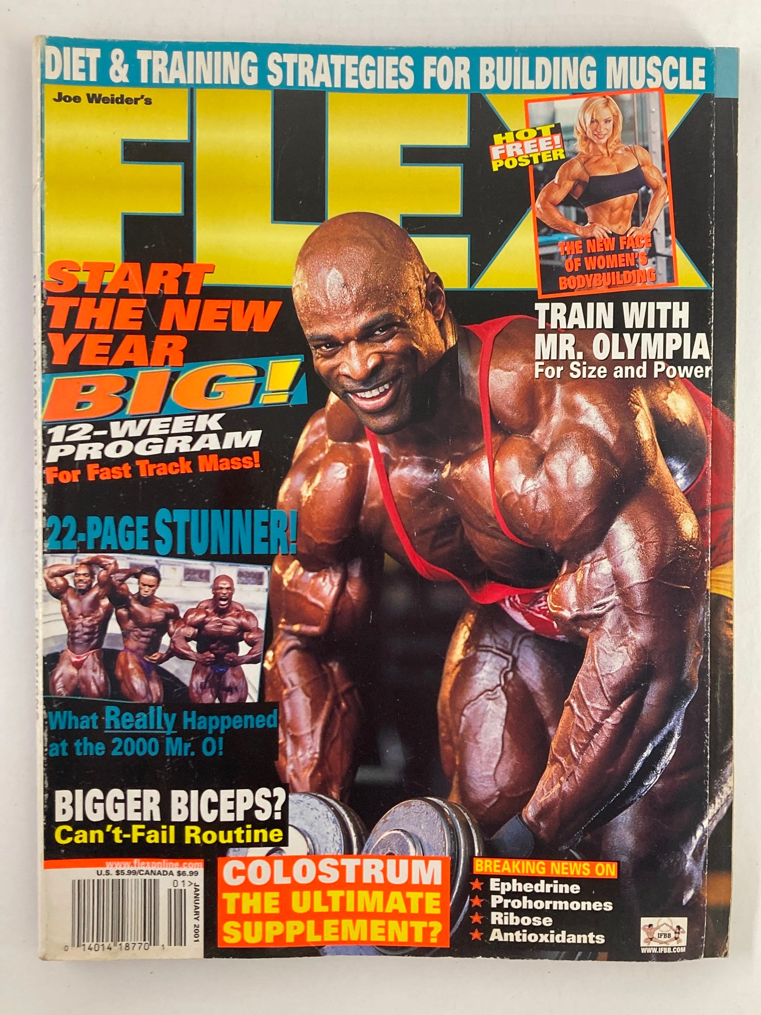 Cover of Flex Magazine January 2001 Vol 18 #21 featuring Ronnie Coleman, highlighting bodybuilding news and fitness strategies.