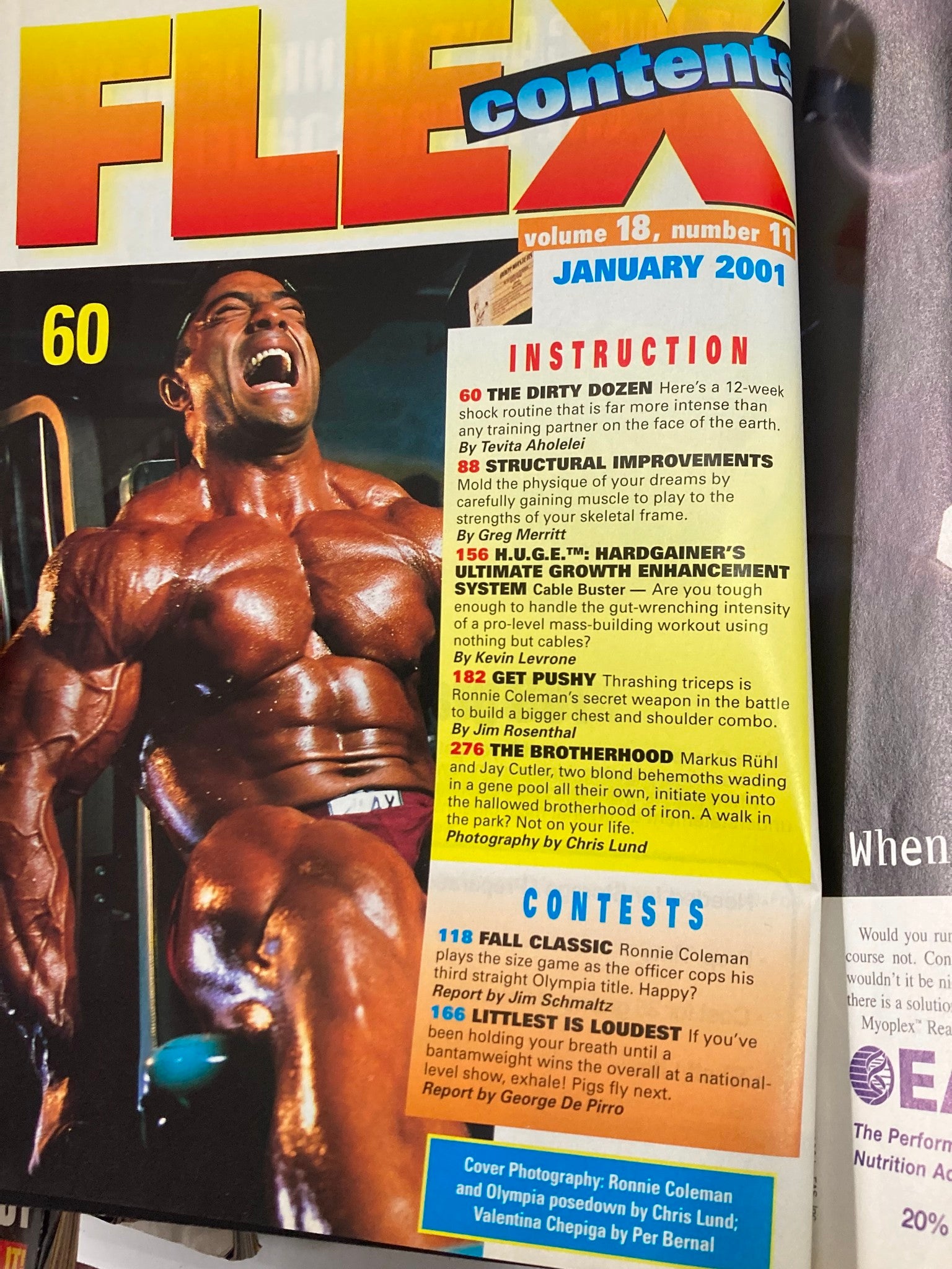Contents page of Flex Magazine January 2001 Vol 18 #21 showcasing articles, instructions, and contests related to bodybuilding.