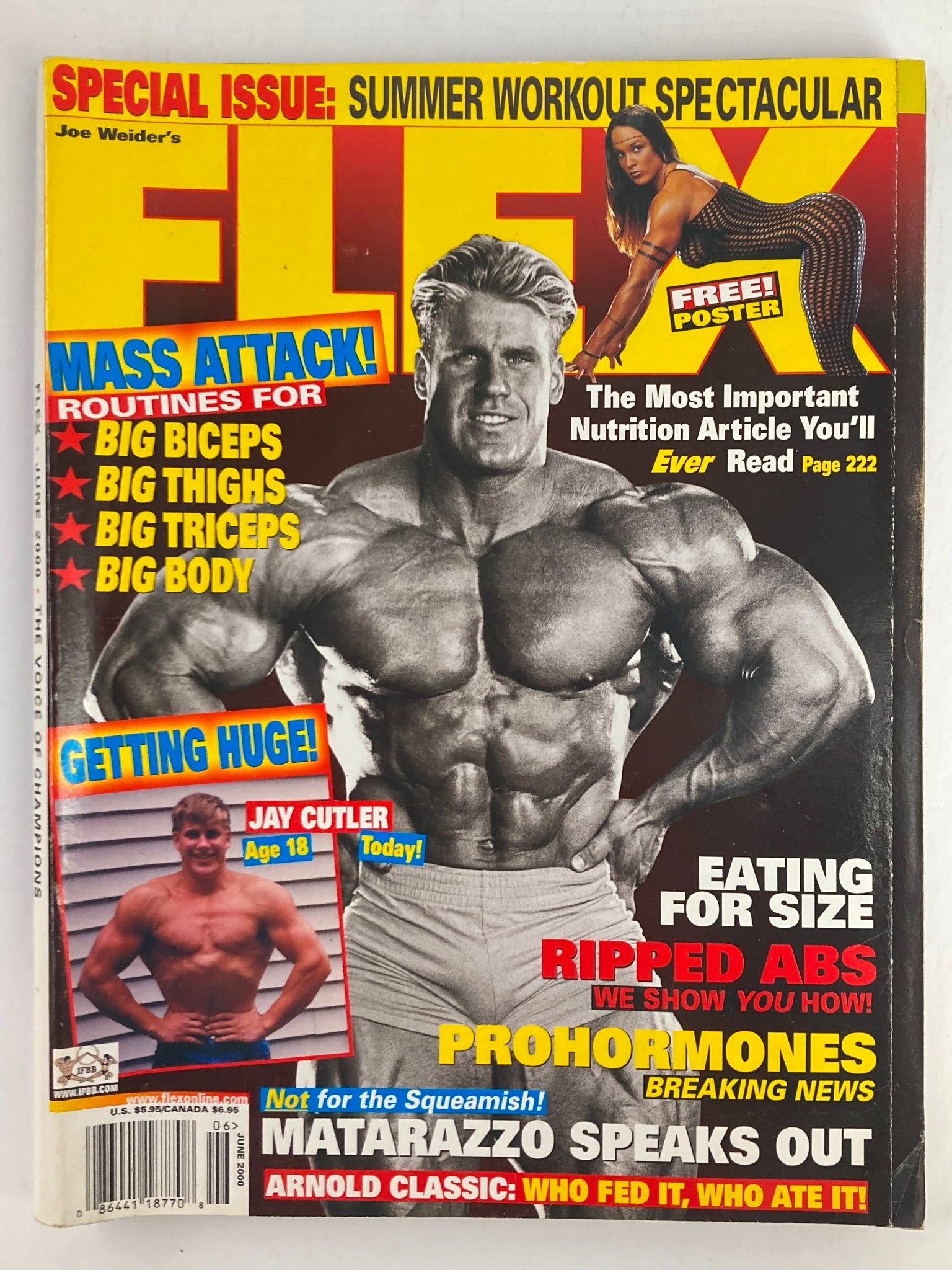 Flex Magazine June 2000 Vol 18 #4 featuring Jay Cutler on the cover, showcasing bodybuilding culture with colorful graphics, free poster promotion, and emphasis on mass gain routines.