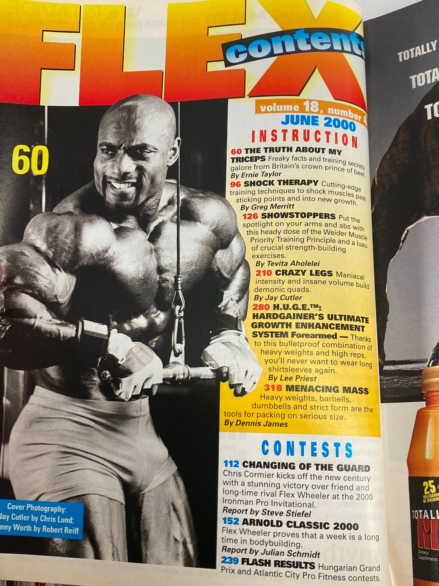 Contents page of Flex Magazine June 2000 Vol 18 #4 highlighting articles on bodybuilding techniques, including sections on leg workouts, nutrition, and fitness contests.