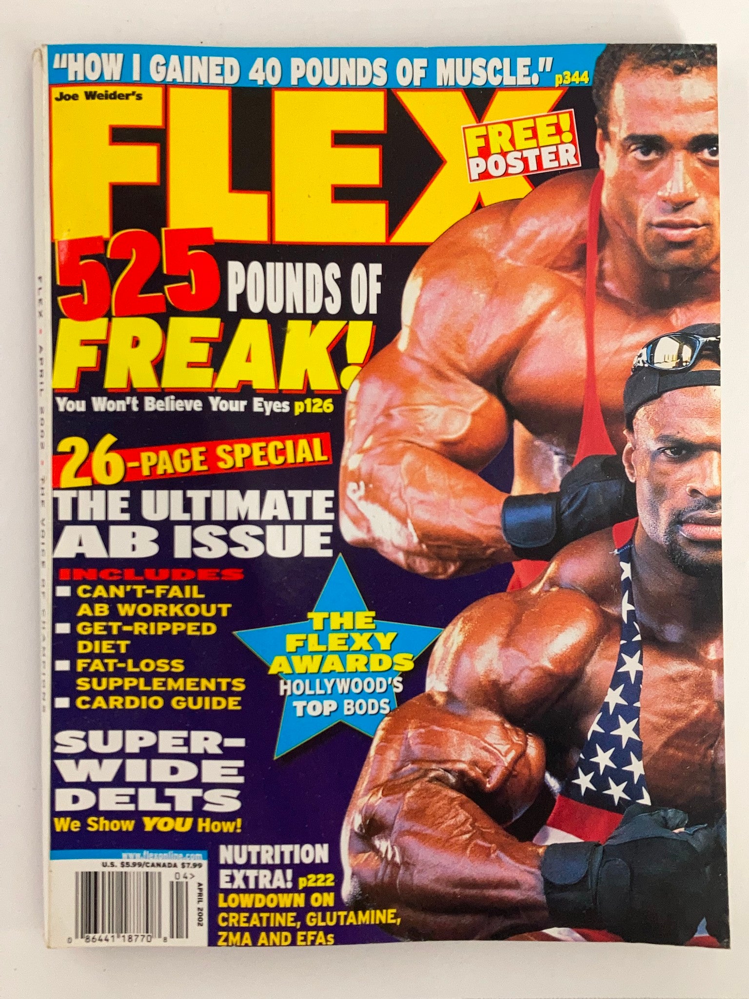 Cover of Flex Magazine April 2002 Vol 20 #2 featuring bodybuilders Dennis James and Ron Coleman, highlighting '525 Pounds of Freak!' and a 26-page special on the ultimate ab issue.