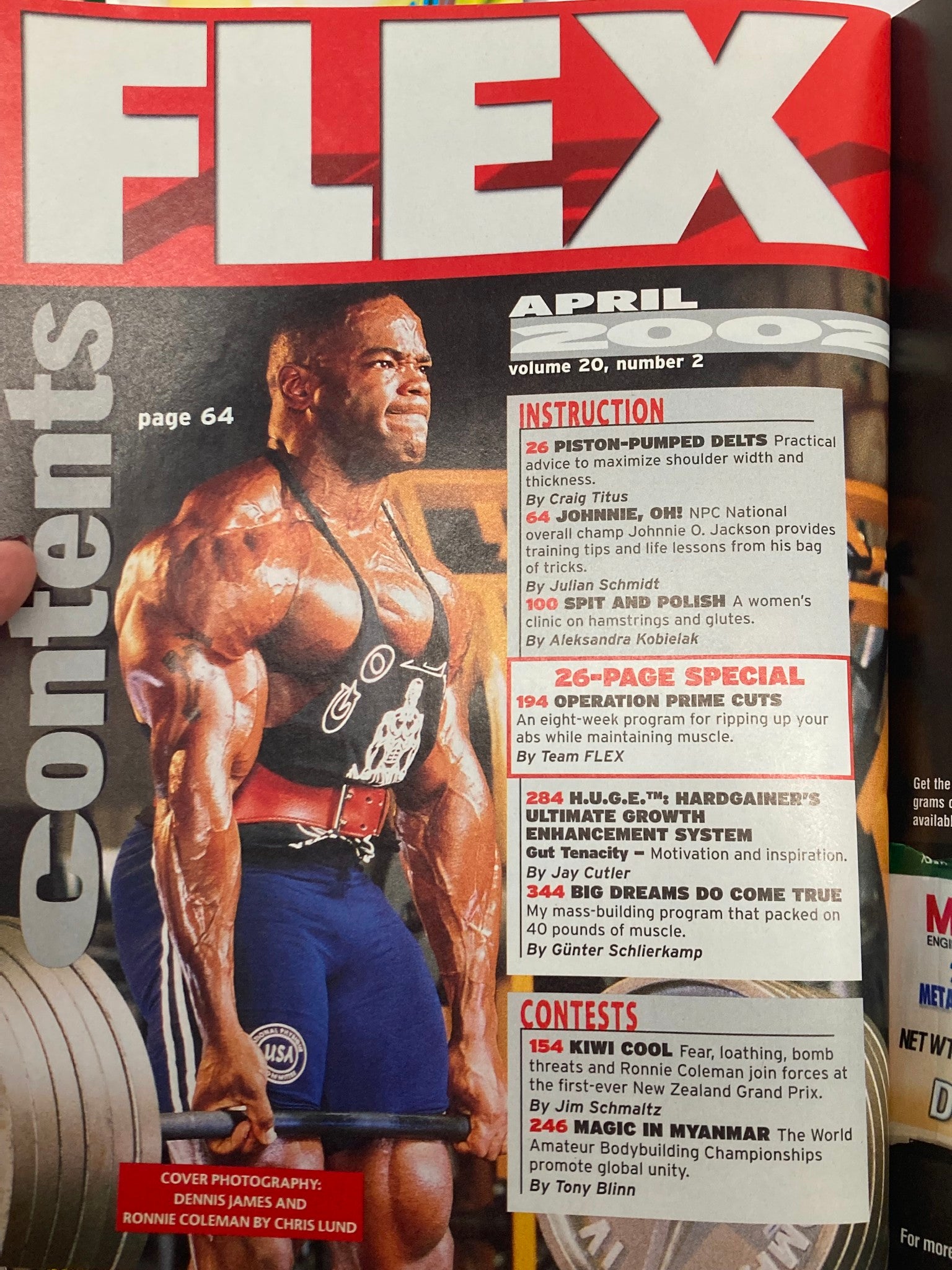 Inside page of Flex Magazine April 2002 Vol 20 #2 featuring fitness content and bodybuilding tips.