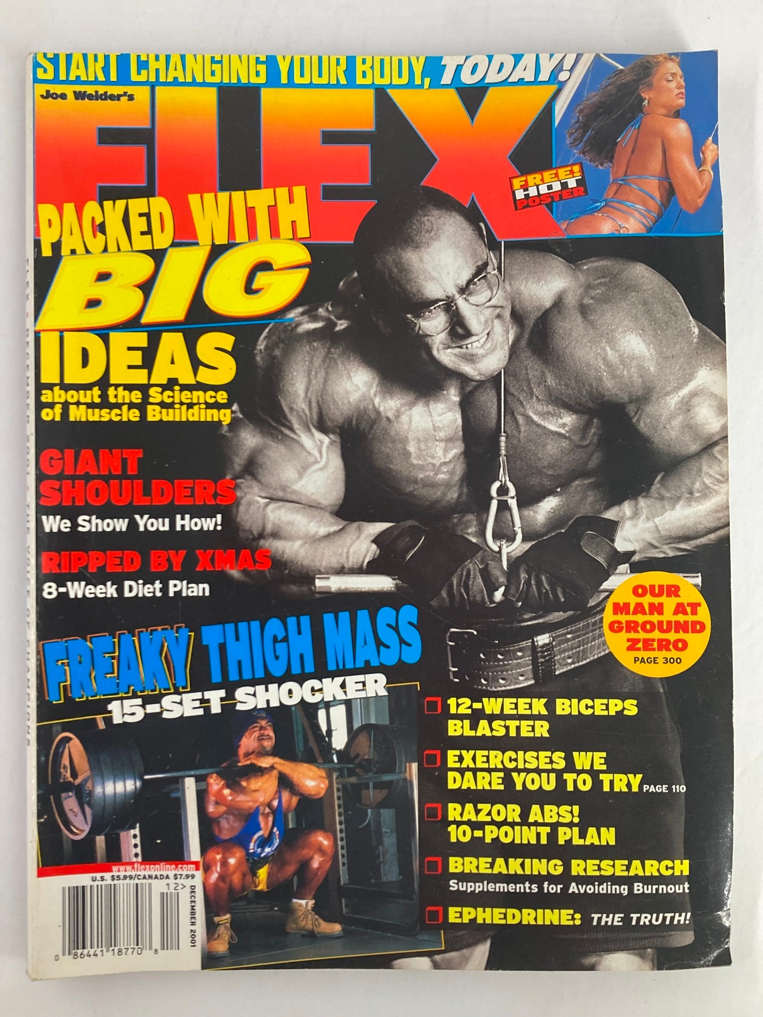 Flex Magazine December 2001 Vol 19 #10 cover featuring a muscular man showcasing bodybuilding techniques and fitness inspirations.