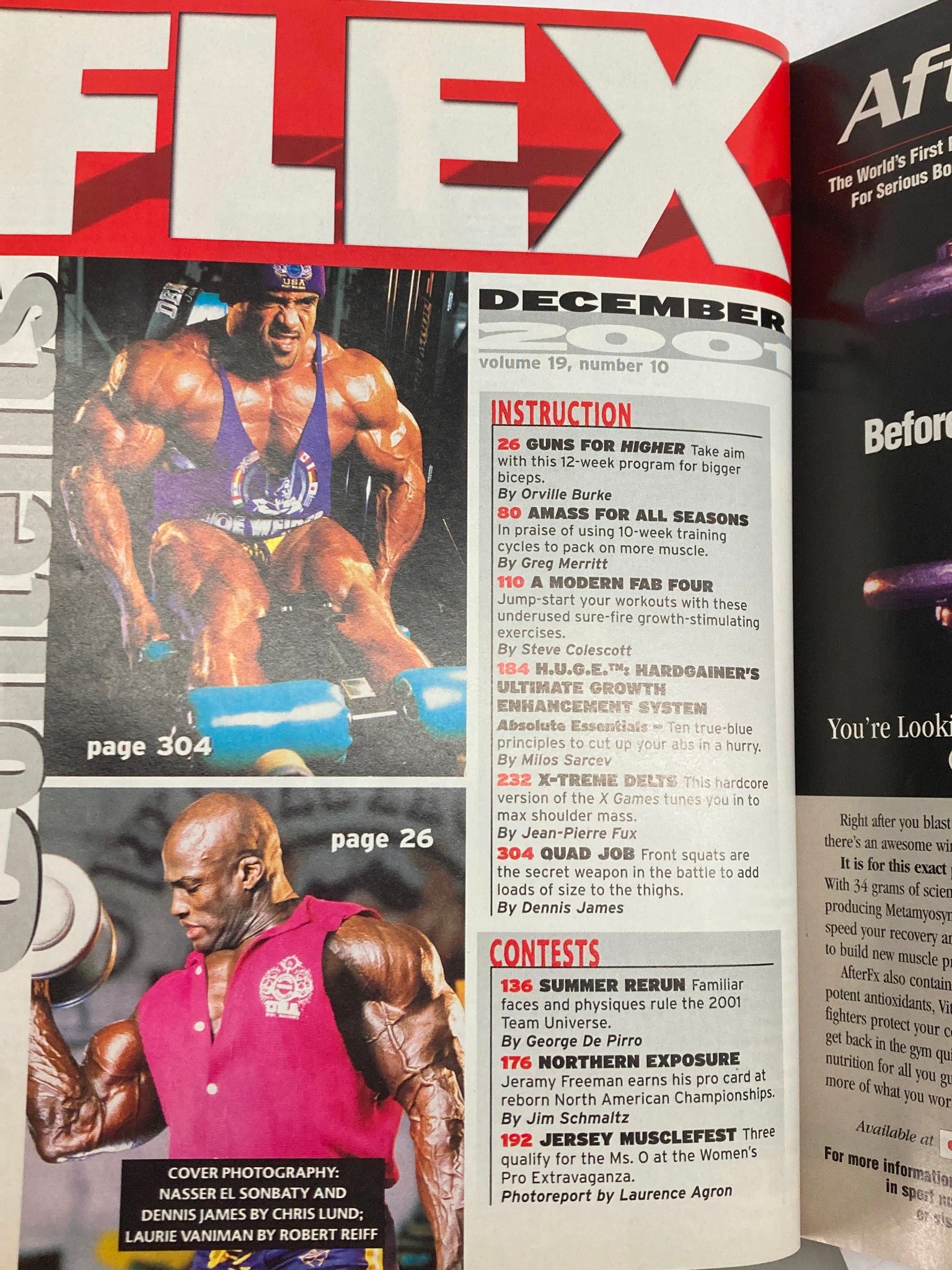 Interior page of Flex Magazine December 2001 Vol 19 #10 featuring bodybuilding training tips, contents list, and images of bodybuilders in action.