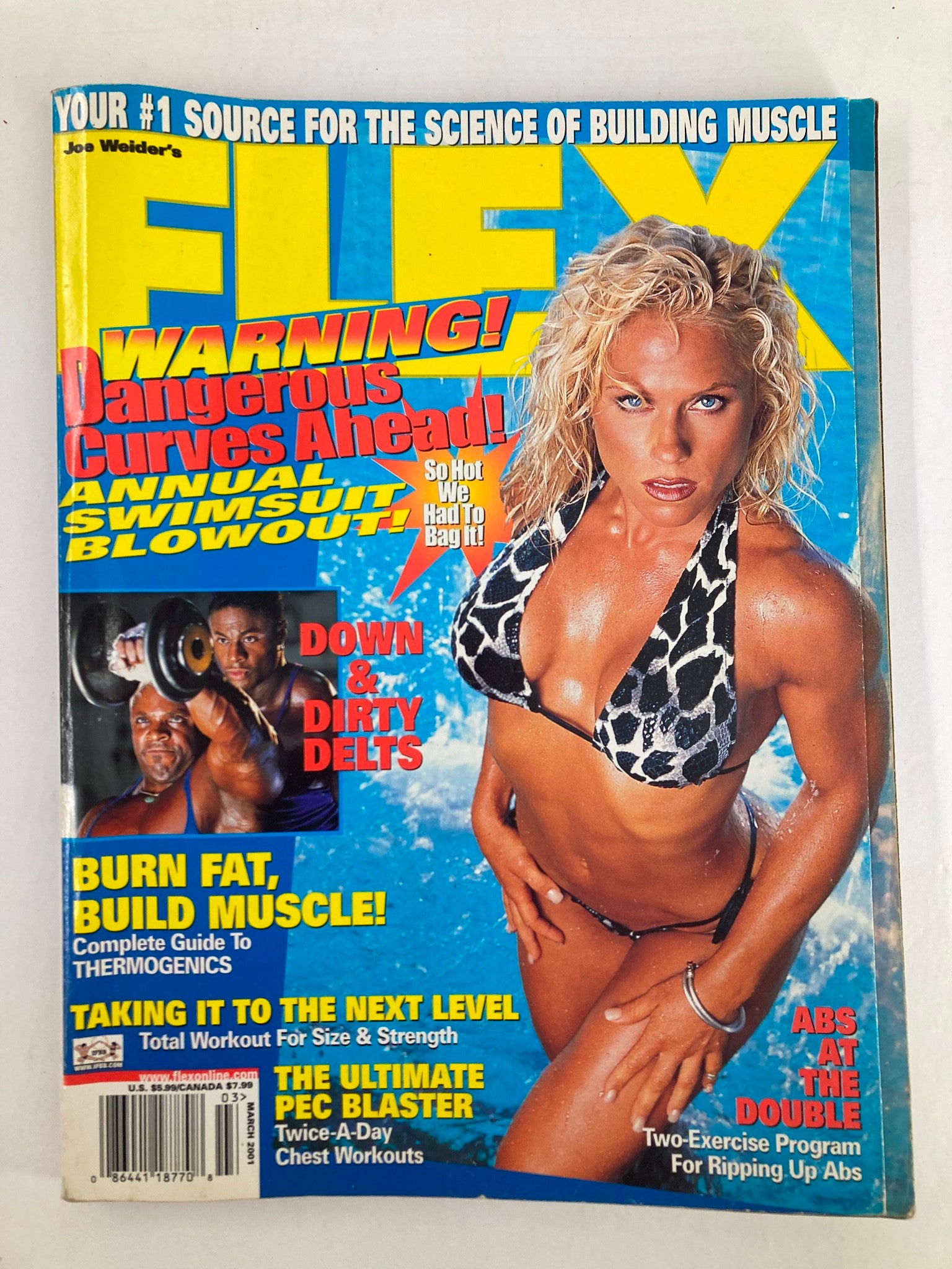 Cover of Flex Magazine March 2001 Vol 19 #1 featuring a model in a bikini by a pool, promoting fitness and bodybuilding culture.