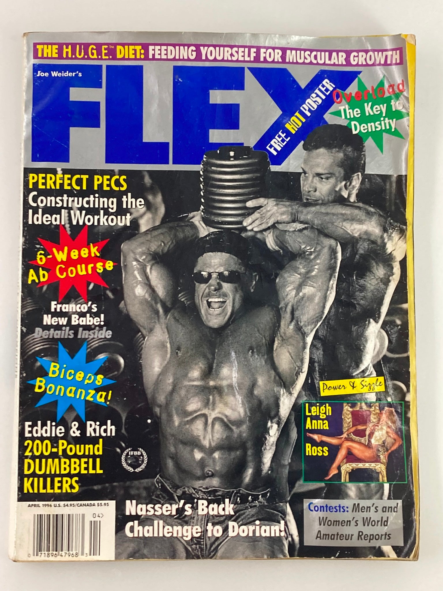 Flex Magazine April 1996 cover featuring Eddie & Rich with Leigh Anna Ross, highlighting fitness tips and a free poster offer.