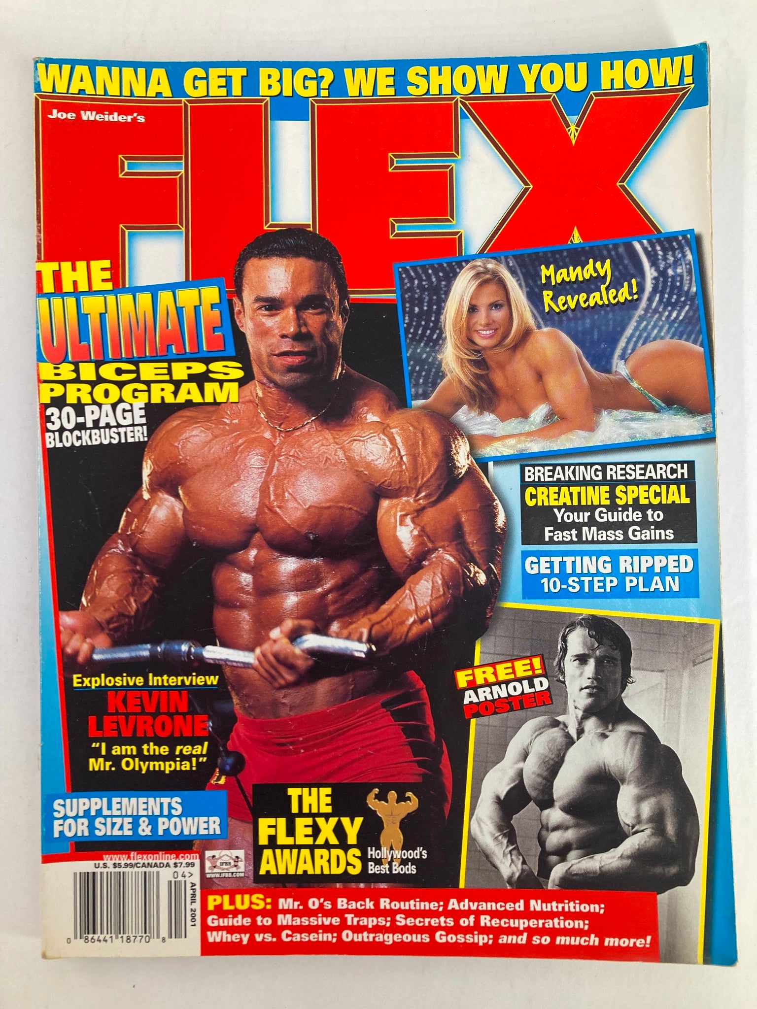 Flex Magazine April 2001 featuring Arnold Schwarzenegger on the cover with a muscular model, highlighting fitness programs and supplements, includes a poster.