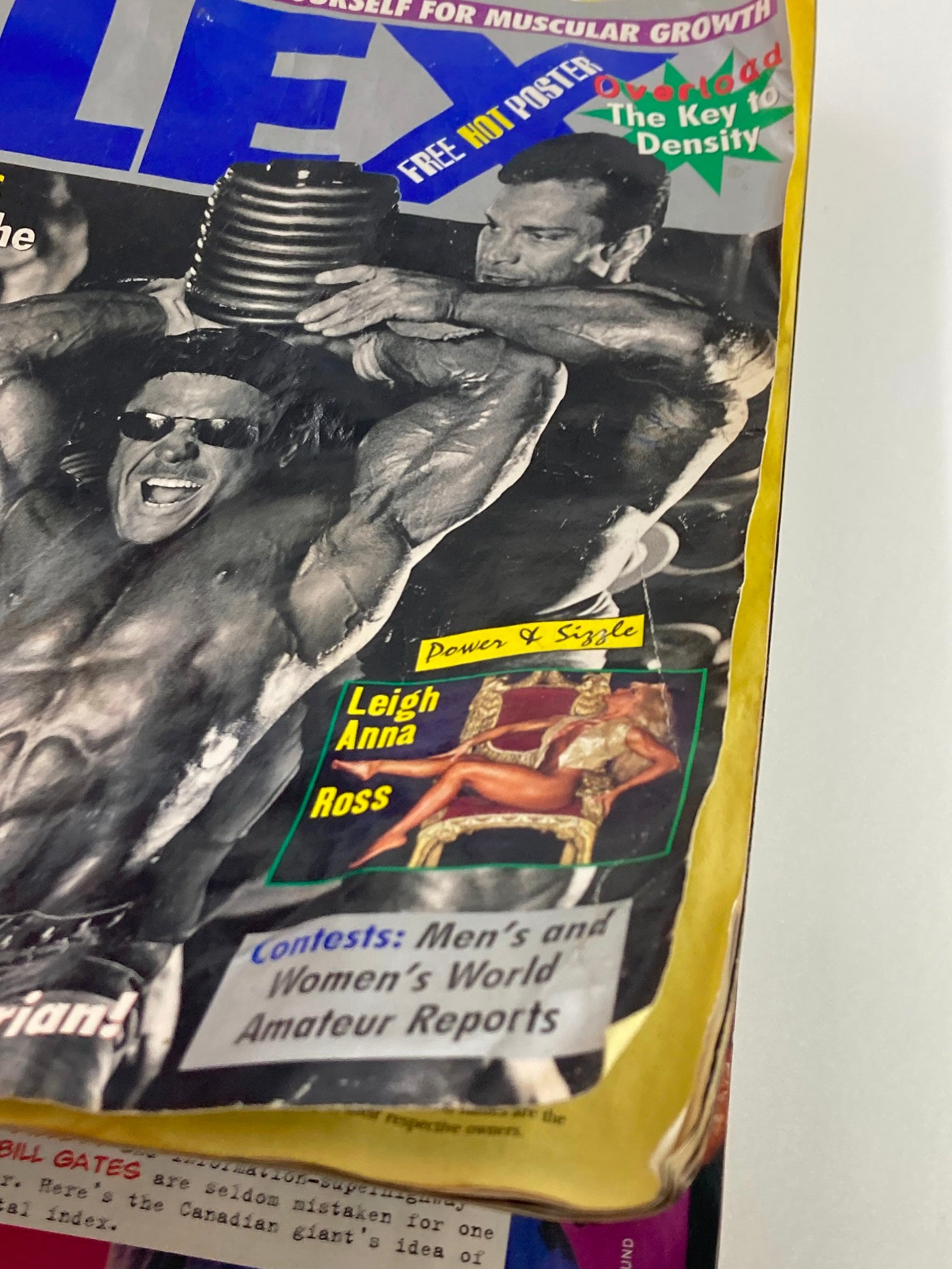 Close-up of Flex Magazine April 1996 cover showcasing Eddie & Rich alongside Leigh Anna Ross, emphasizing bodybuilding content and contests.