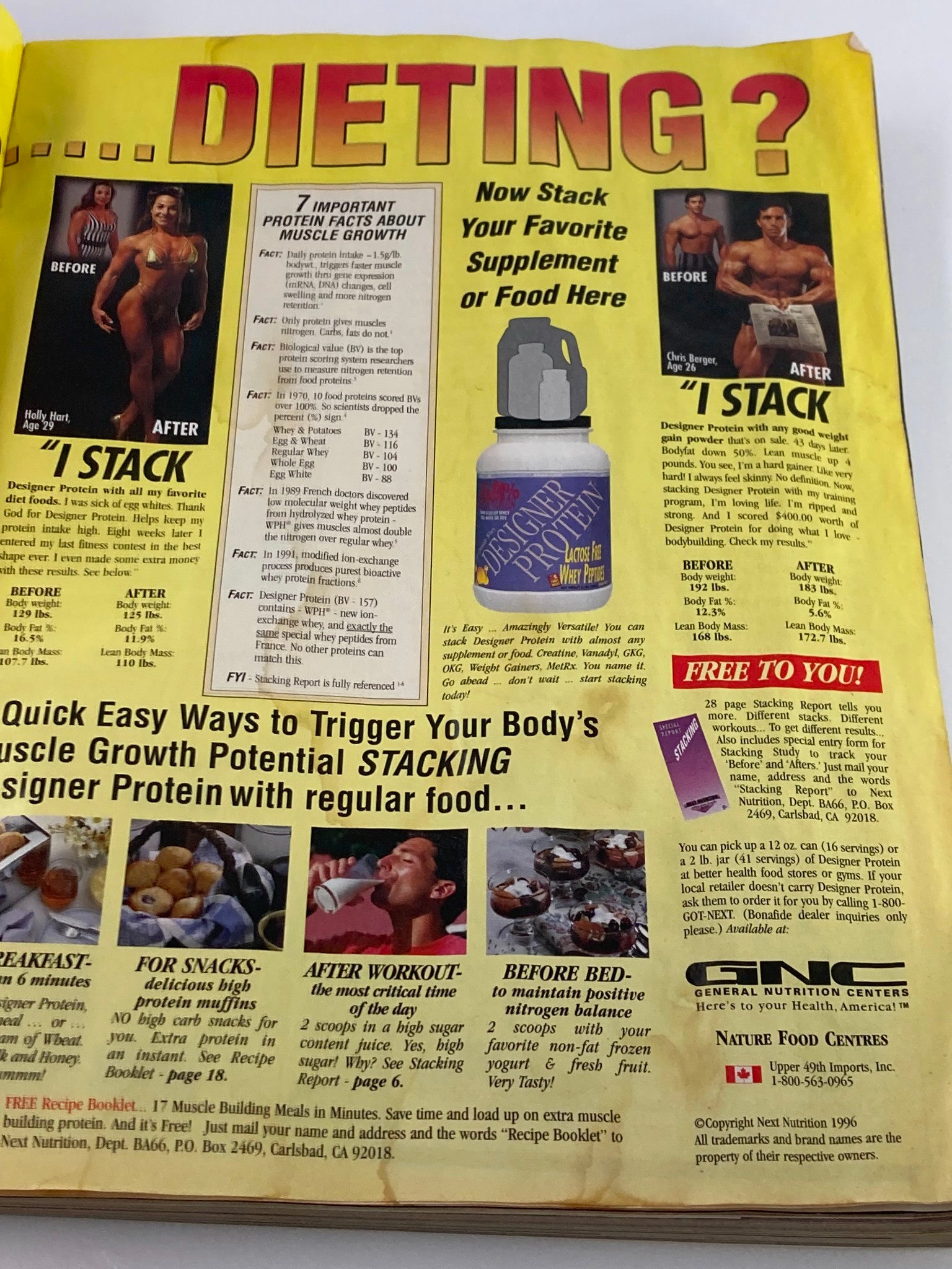 Inside page of Flex Magazine April 1996 displaying dieting tips and supplement recommendations for muscle growth.