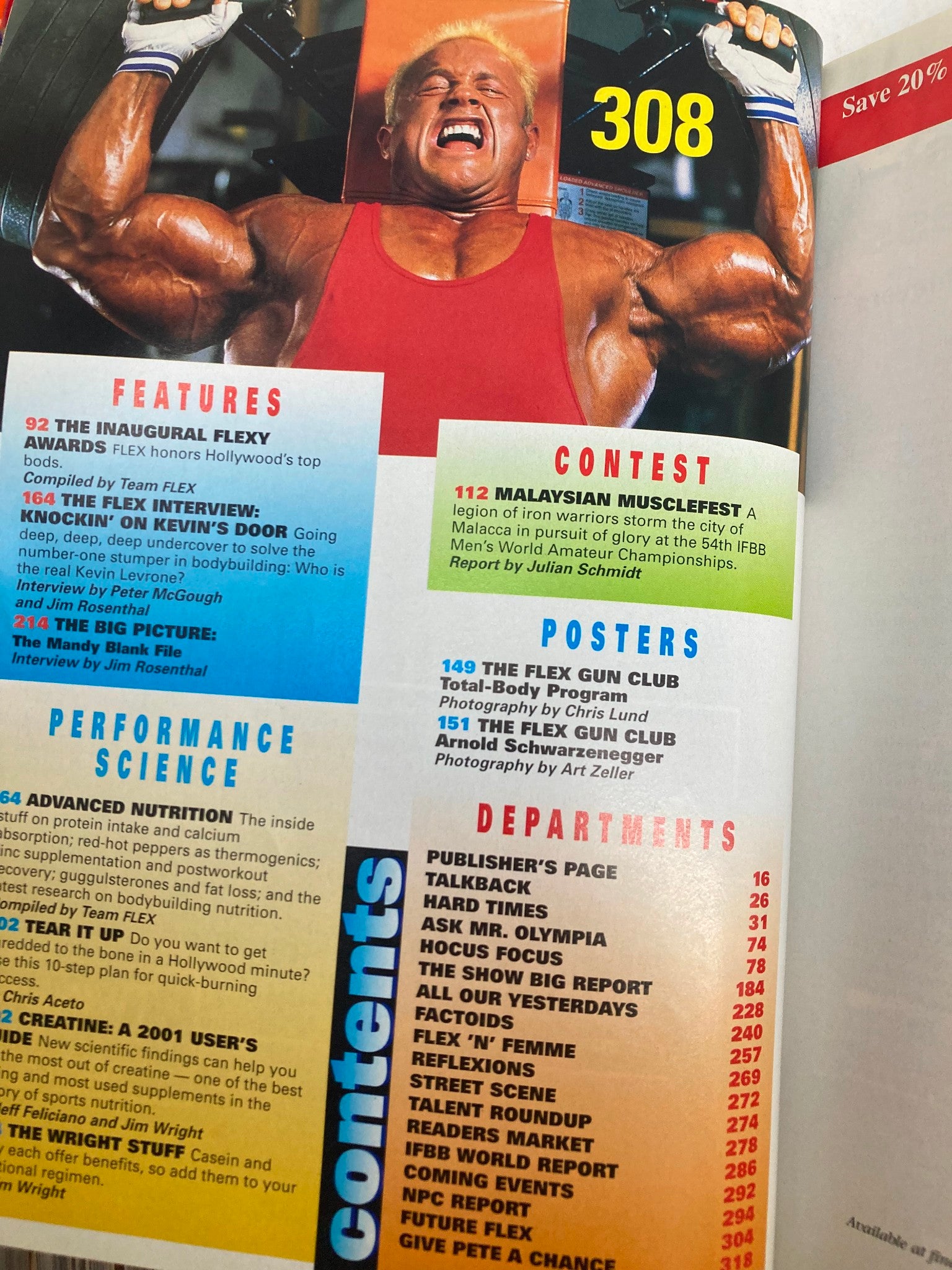 Flex Magazine April 2001 contents page featuring top articles and contests including Arnold Schwarzenegger.