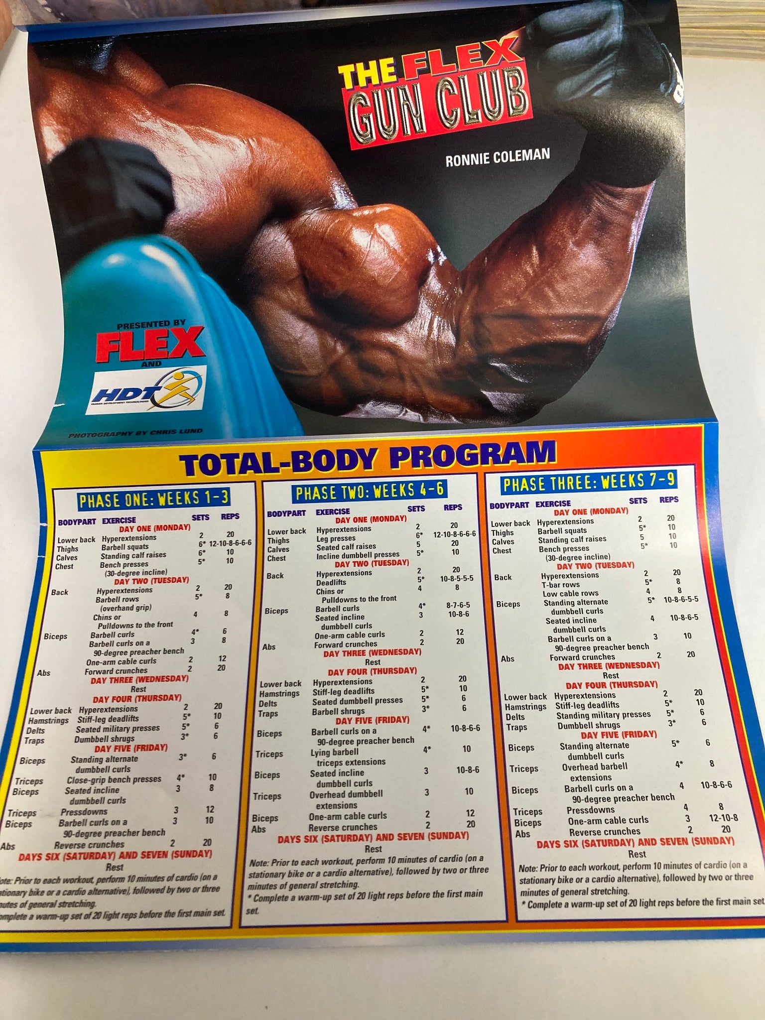Flex Magazine April 2001 poster page showcasing The Flex Gun Club total-body program by Ronnie Coleman.