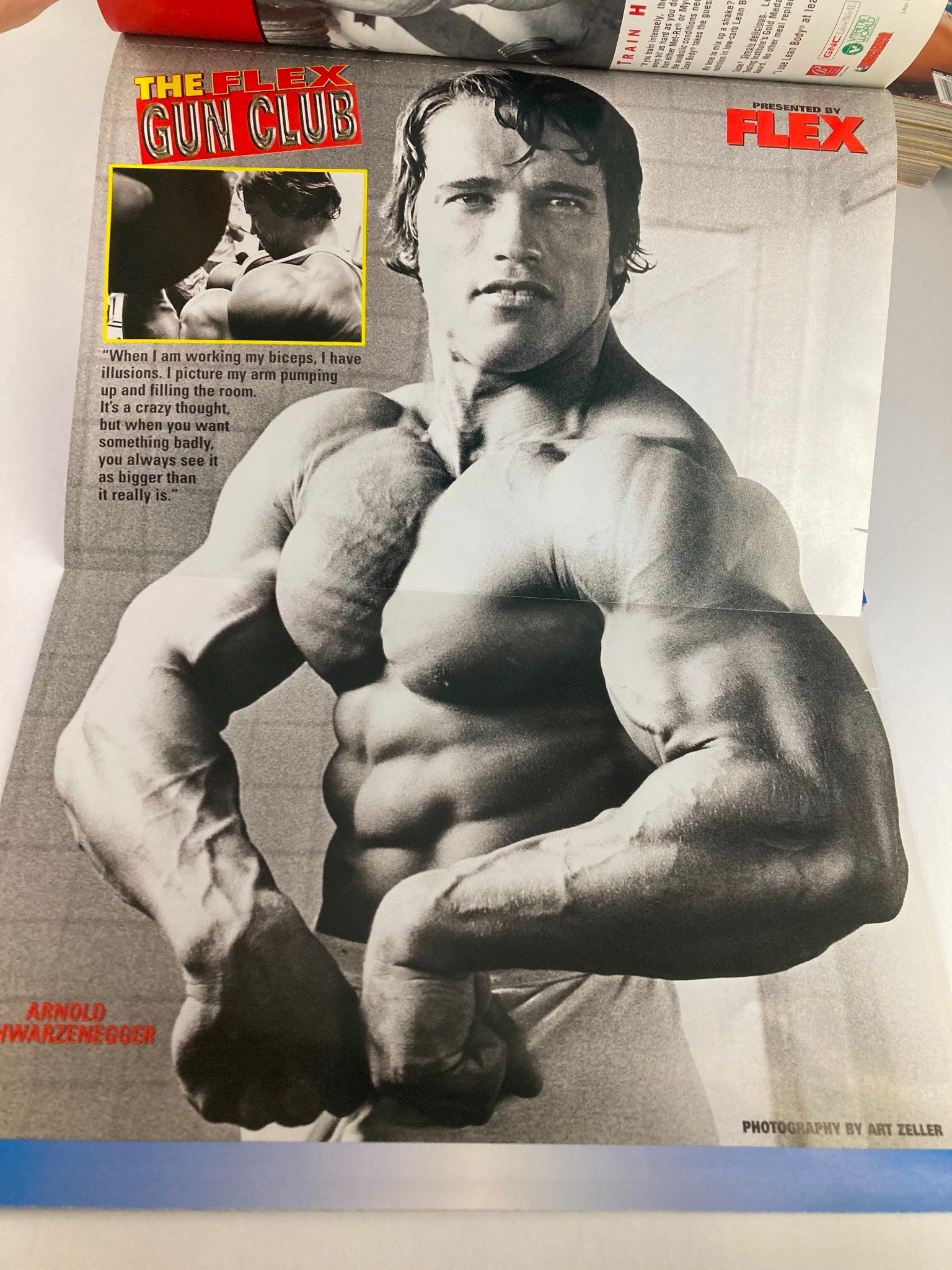 Flex Magazine April 2001 page featuring Arnold Schwarzenegger with a quote about bodybuilding and fitness.