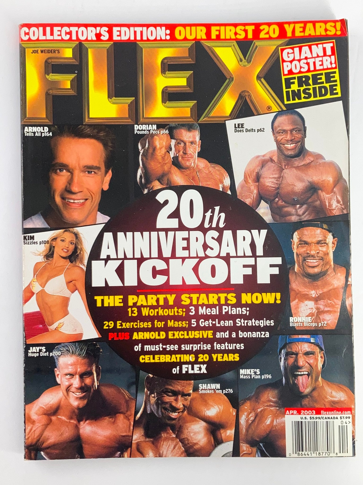 Flex Magazine April 2003 cover featuring Arnold Schwarzenegger and Jay Cutler with bold text celebrating the 20th Anniversary and details about fitness content inside.