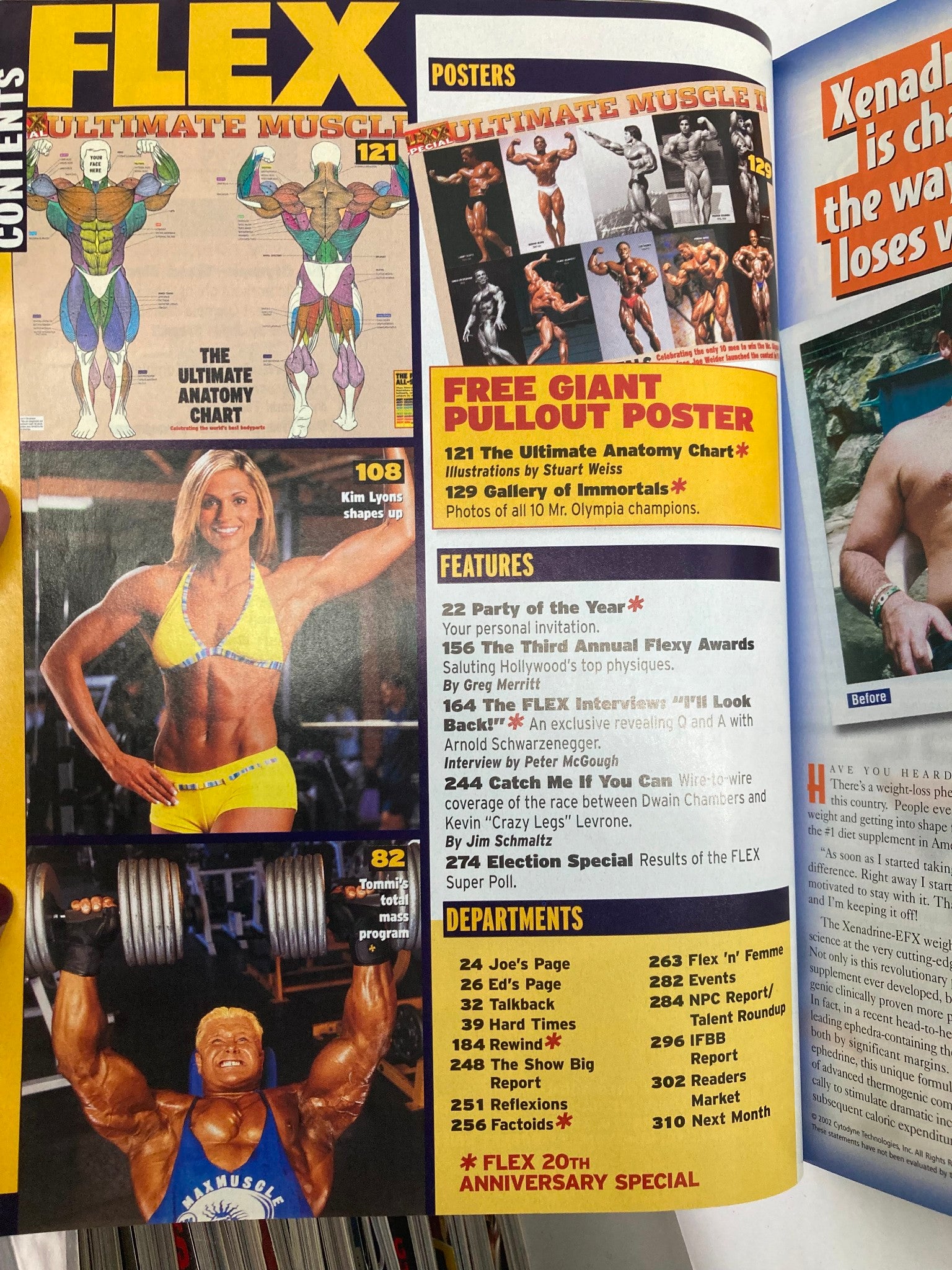 Contents page of Flex Magazine April 2003, highlighting notable features including a free pullout poster and an article on fitness personalities like Kim Lyons and Jay Cutler.