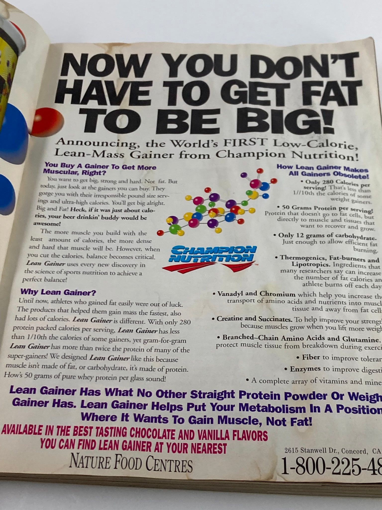 A vintage advertisement from Flex Magazine April 1996, promoting Champion Nutrition's Lean-Mass Gainer. The ad highlights nutritional benefits like low calories and protein content, appealing to fitness enthusiasts.