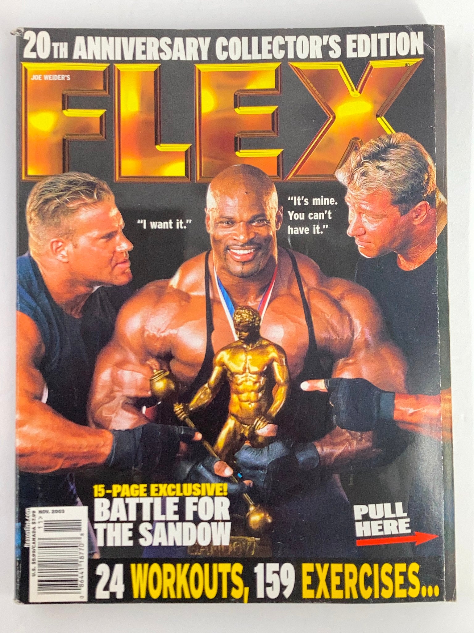 Cover of Flex Magazine November 2003 featuring bodybuilding legends Jay Cutler, Ronnie Coleman, and Gunter Schlierkamp showcasing their physiques and holding a trophy, highlighting the iconic competition and camaraderie in bodybuilding.