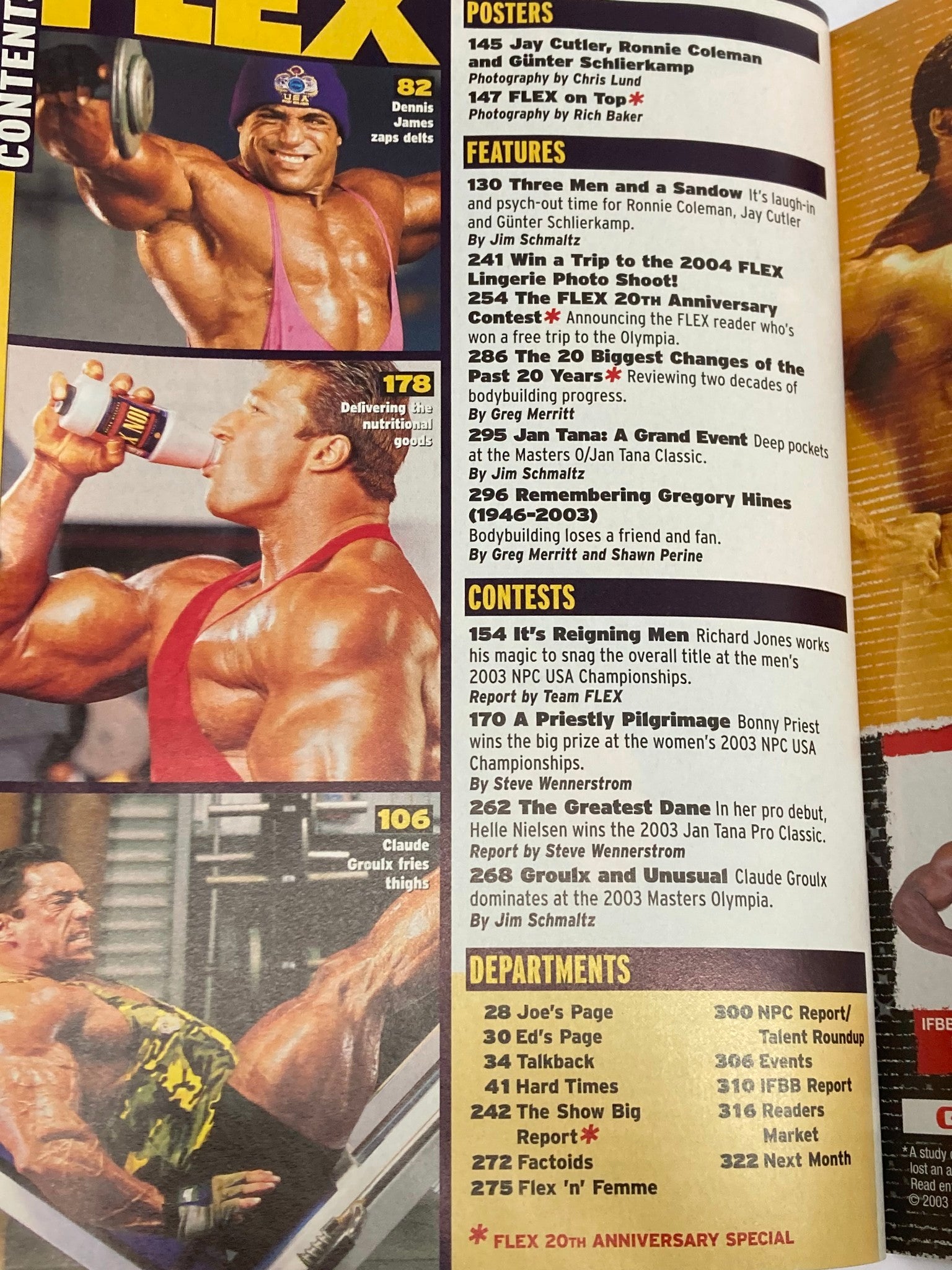 Inside content of the Flex Magazine November 2003 featuring bodybuilding icons, including Jay Cutler, Ronnie Coleman, and Gunter Schlierkamp. Highlights include articles, features, and advertisements related to bodybuilding and fitness.