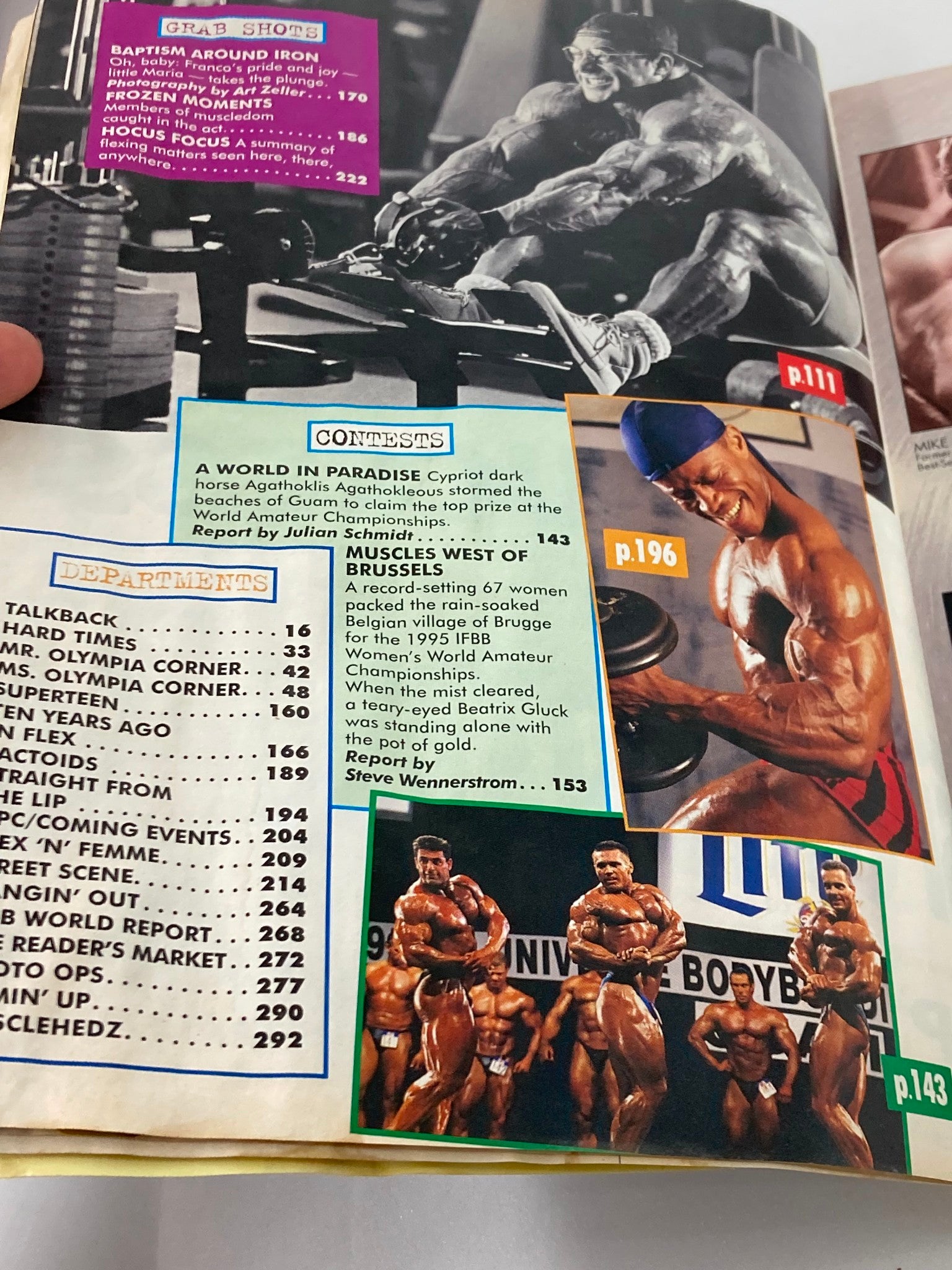 A content page from Flex Magazine April 1996, displaying various bodybuilding columns and competitions, showcasing the vibrant community and competitive spirit of the era.
