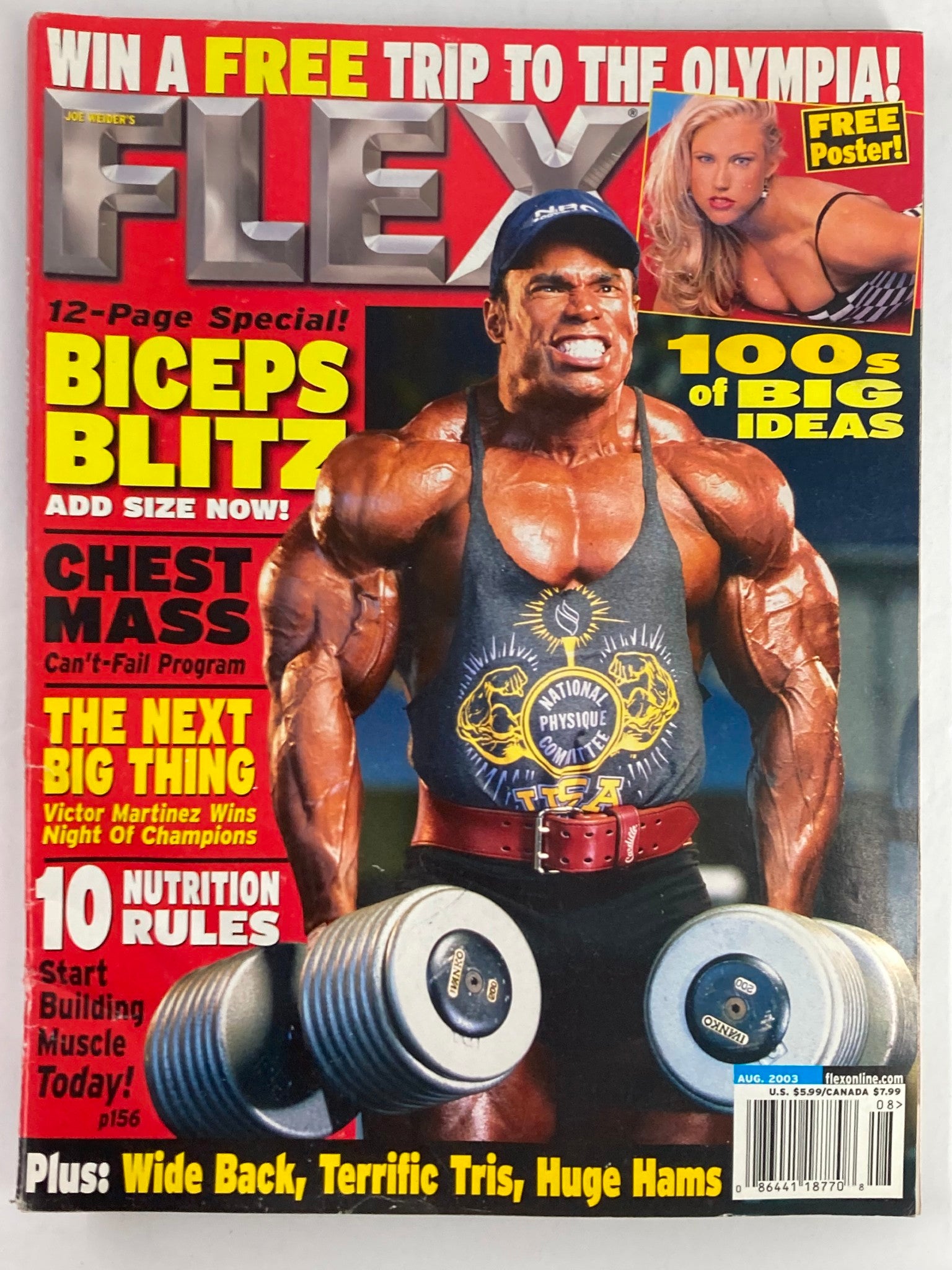 Flex Magazine August 2003 featuring a muscular male model with dumbbells on the cover, showcasing the Biceps Blitz special. Ideal for fitness enthusiasts and collectors.