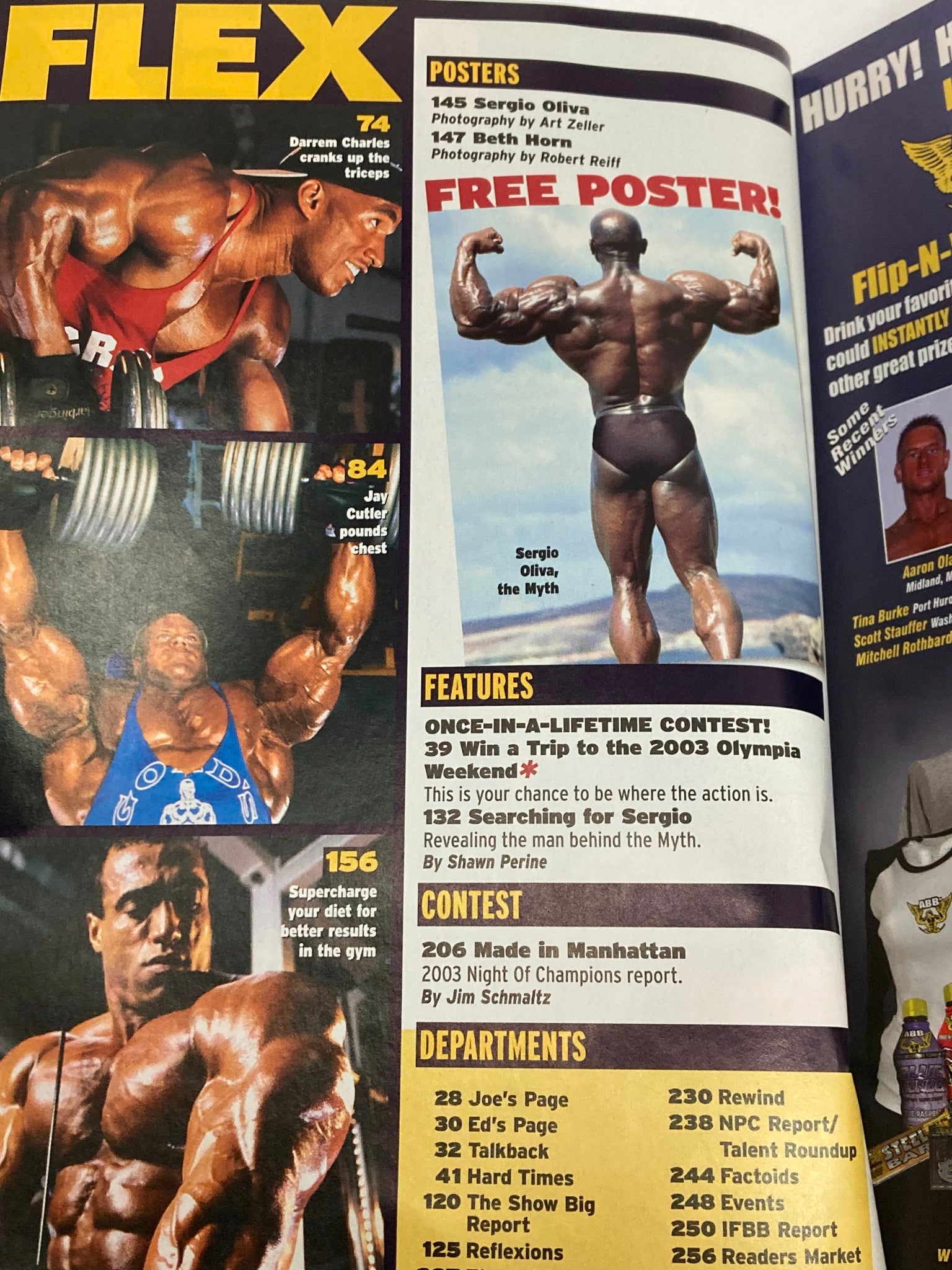 Inside page of Flex Magazine August 2003, revealing poster details and feature articles including Sergio Oliva. A perfect collectible for bodybuilding fans.