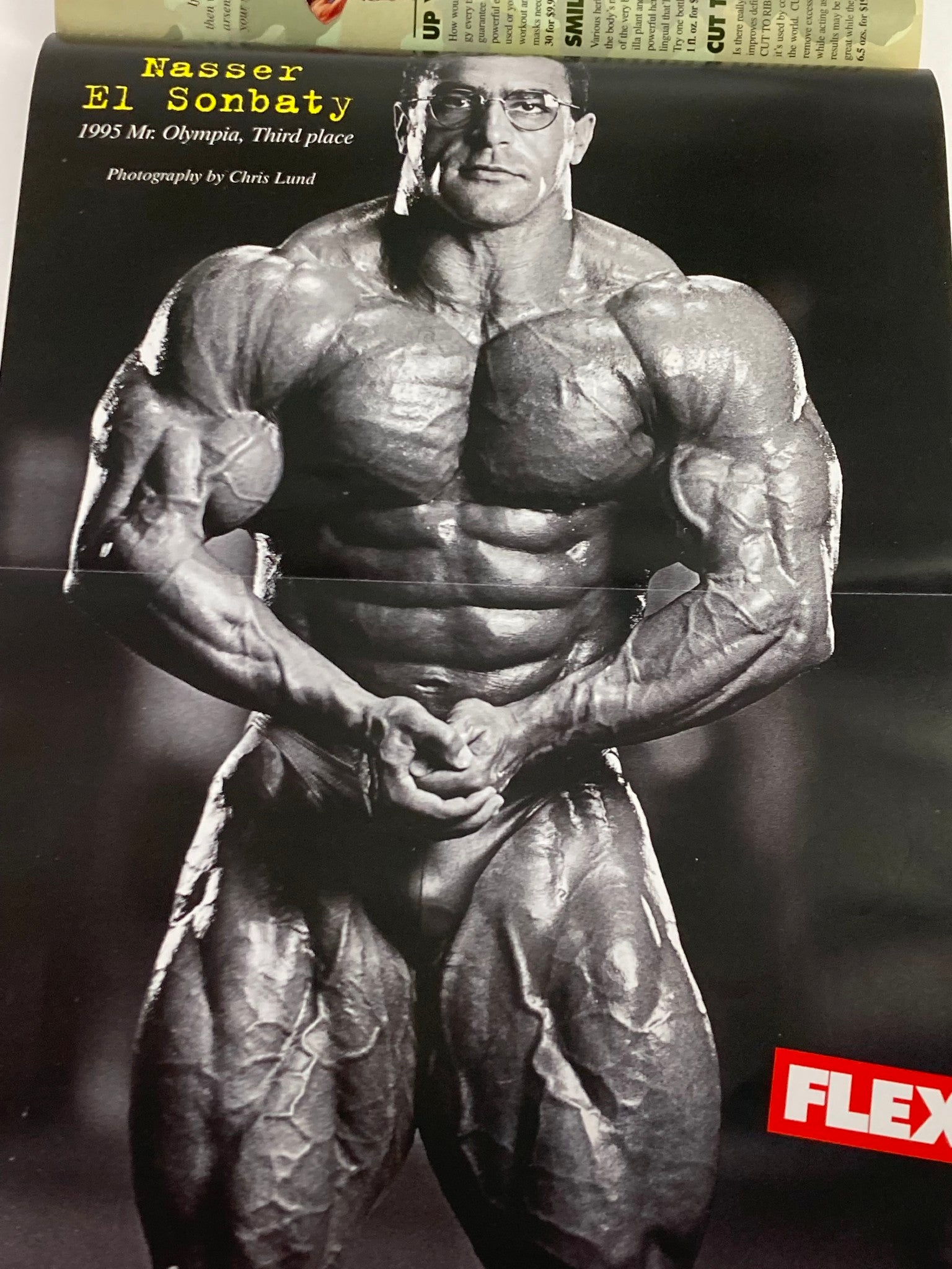 A captivating black and white photo featuring Nasser El Sonbaty, third place at the 1995 Mr. Olympia, as seen in Flex Magazine April 1996. The image emphasizes his impressive physique and dedication to bodybuilding.