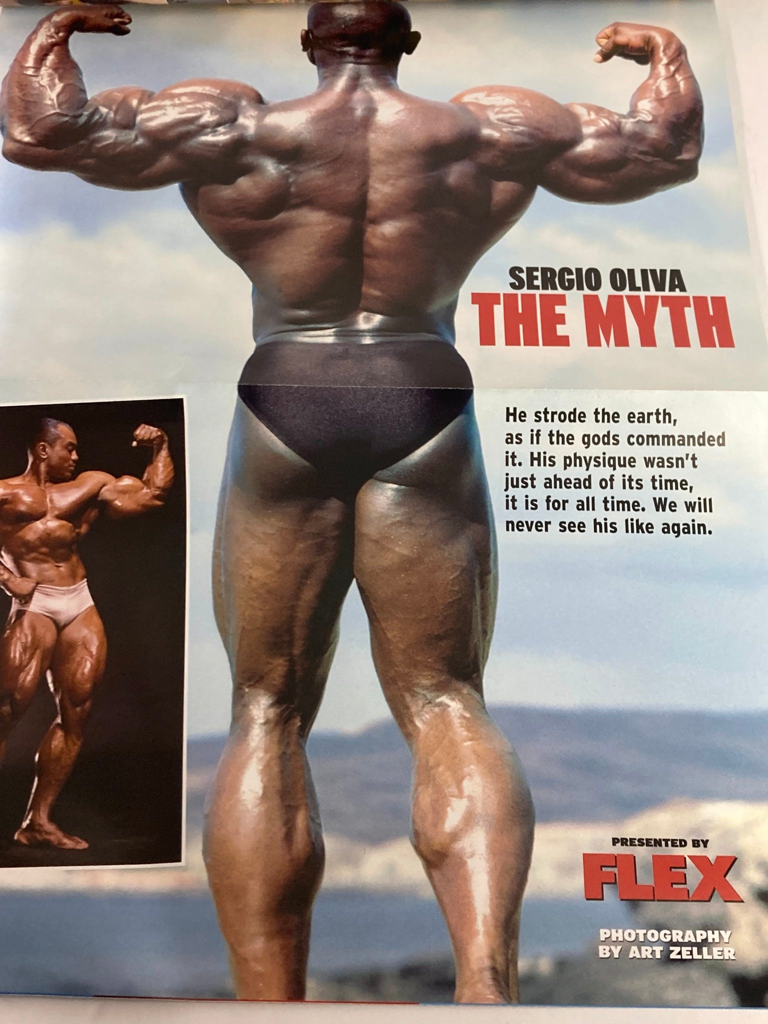 Promotional image inside Flex Magazine August 2003 featuring Sergio Oliva, celebrating his iconic bodybuilding physique. A valuable addition to fitness memorabilia.