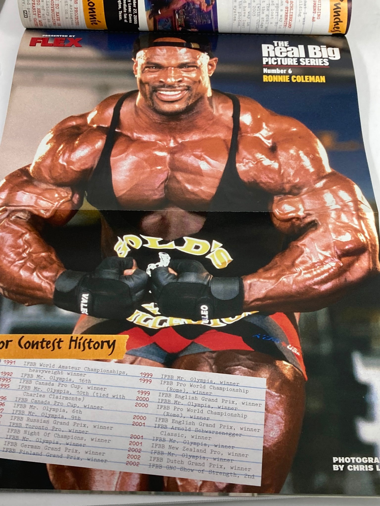 Flex Magazine July 2003 Vol 21 #5 poster featuring Ronnie Coleman showcasing impressive muscular physique and contest history.