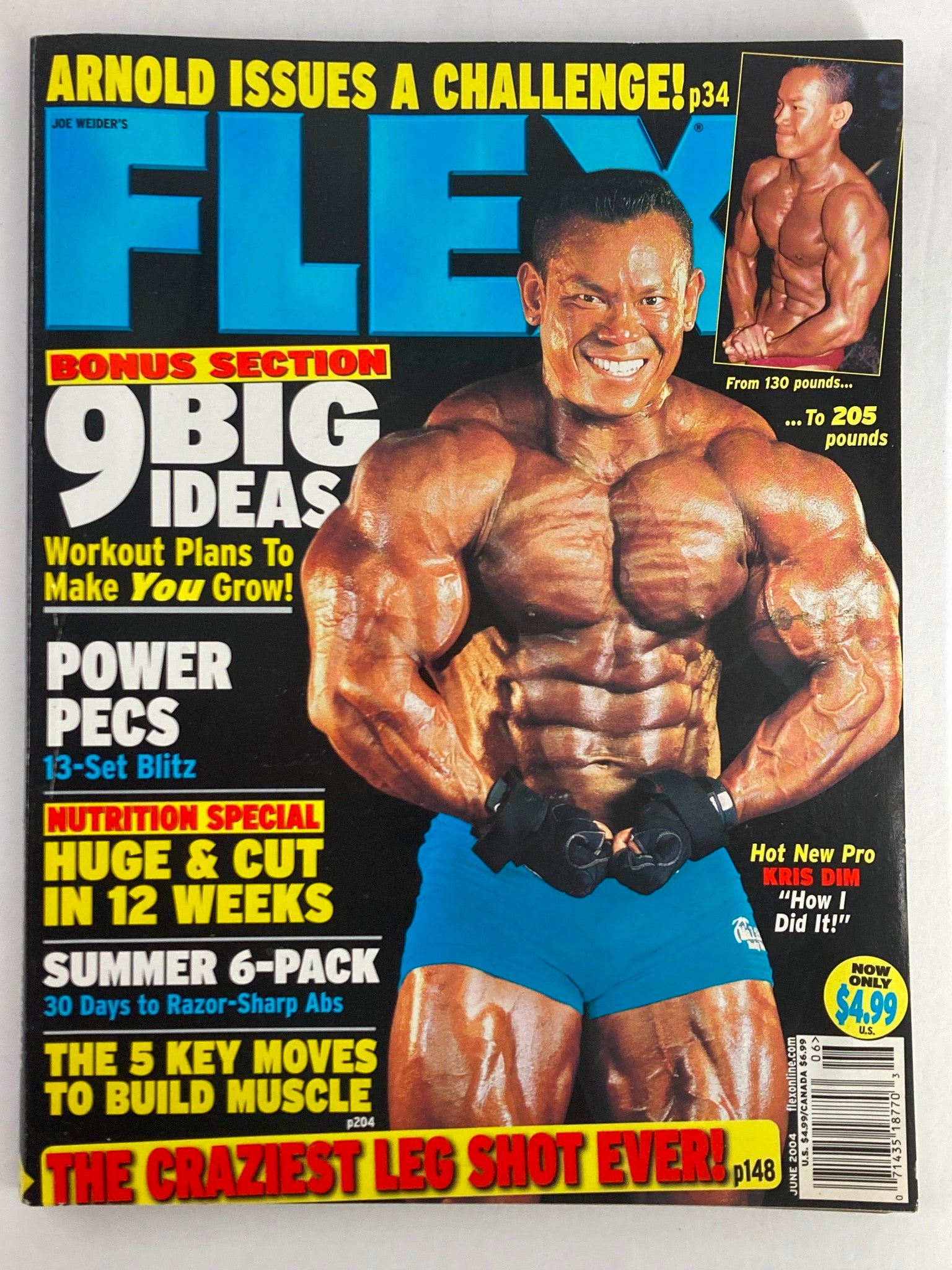 Cover of Flex Magazine June 2004 Vol 22 #4 featuring Kris Dim showcasing a muscular physique with a headline about Arnold Schwarzenegger's challenge.
