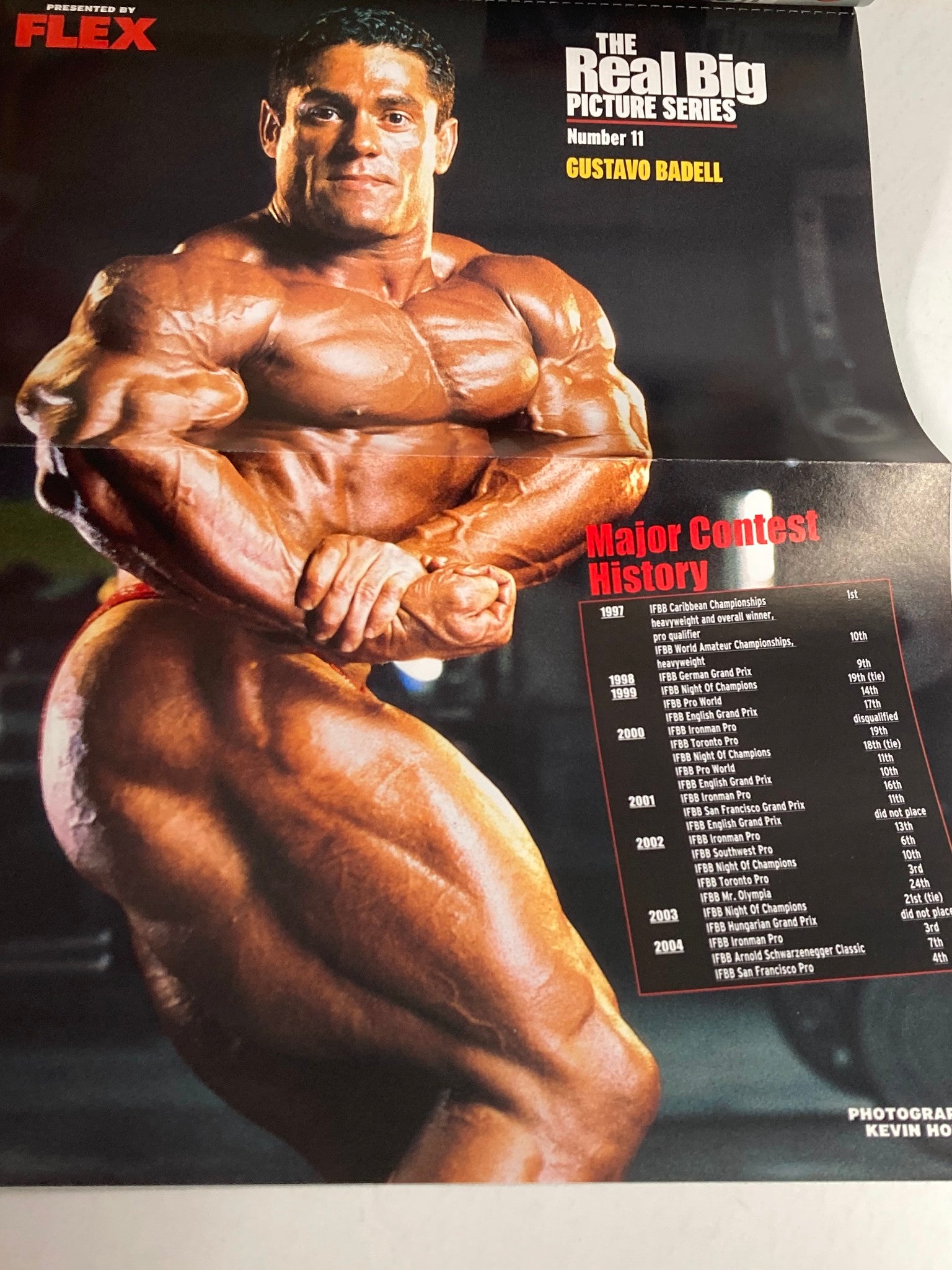 Exclusive poster from Flex Magazine June 2004 Vol 22 #4 featuring bodybuilder Gustavo Badell with major contest history details.
