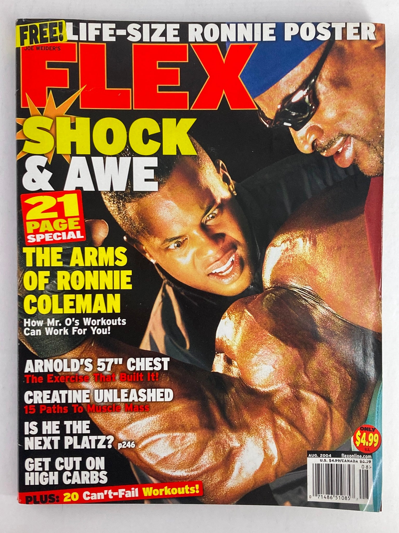 Flex Magazine August 2004 Vol 22 #6 featuring Chris Cook on the cover, showcasing fitness and bodybuilding themes with a focus on Ronnie Coleman. Includes a prominent free life-size poster.