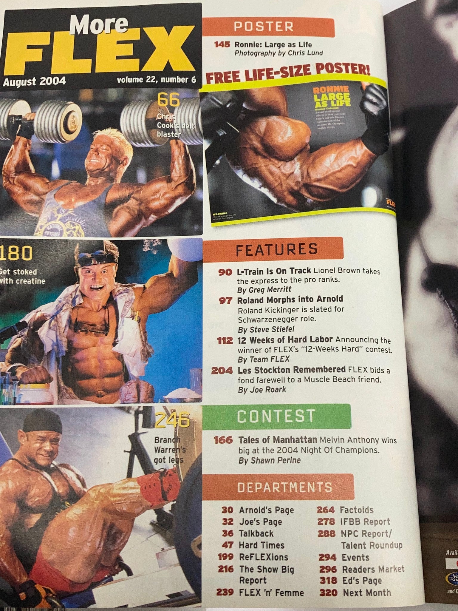 Inside page of Flex Magazine August 2004 Vol 22 #6, displaying a collage of images including Ronnie Coleman and highlight features such as workouts and contests, capturing fitness culture of the early 2000s.