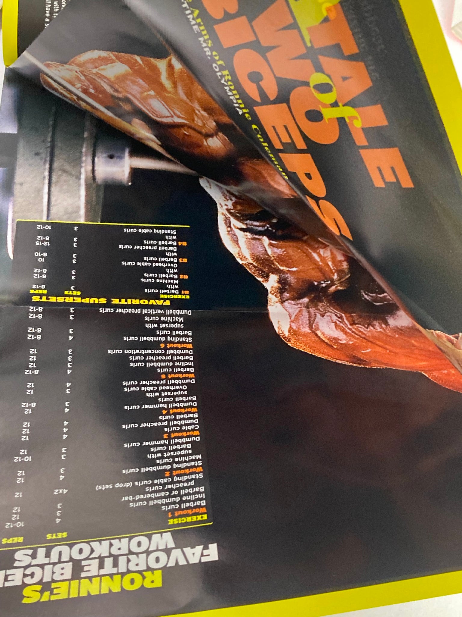 Folded poster page from Flex Magazine August 2004 Vol 22 #6, featuring Ronnie Coleman with workout routines and tips, exemplifying vintage fitness content.