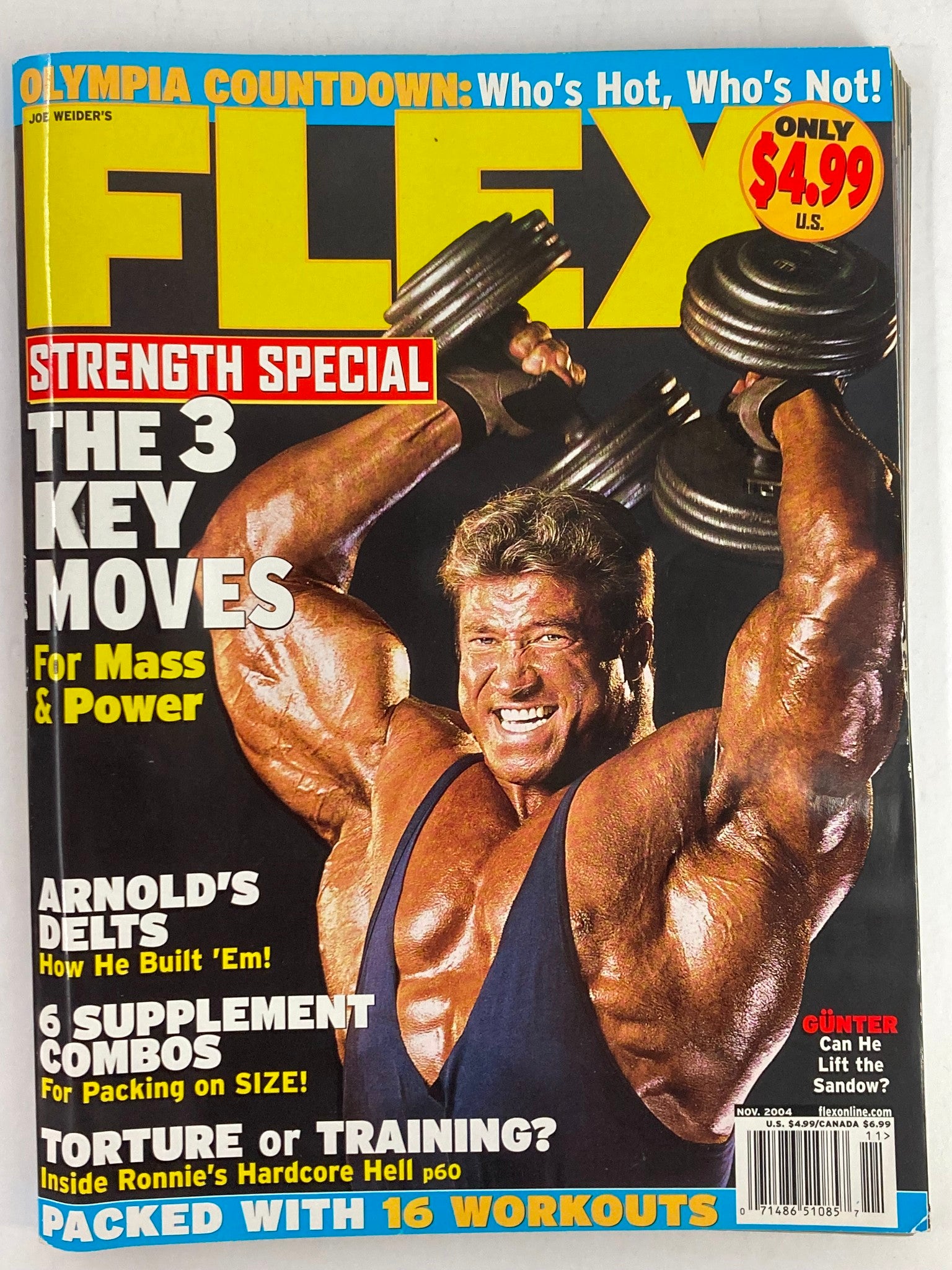 Flex Magazine November 2004 featuring Gunter Schlierkamp on the cover, showcasing bodybuilding and fitness themes with an emphasis on strength training.