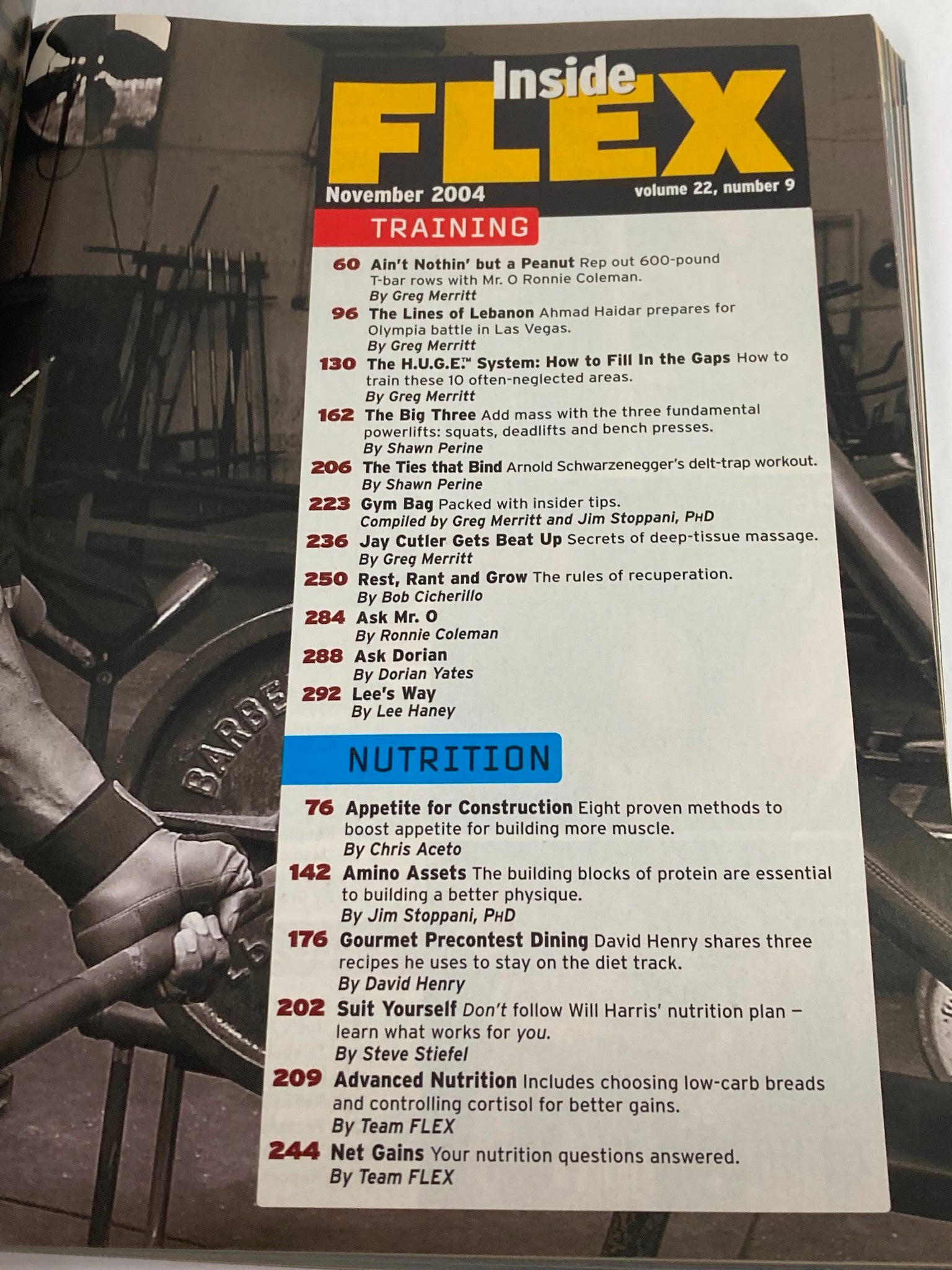 Inside page of Flex Magazine November 2004, Volume 22, Issue 9, outlining training and nutrition articles for fitness enthusiasts.