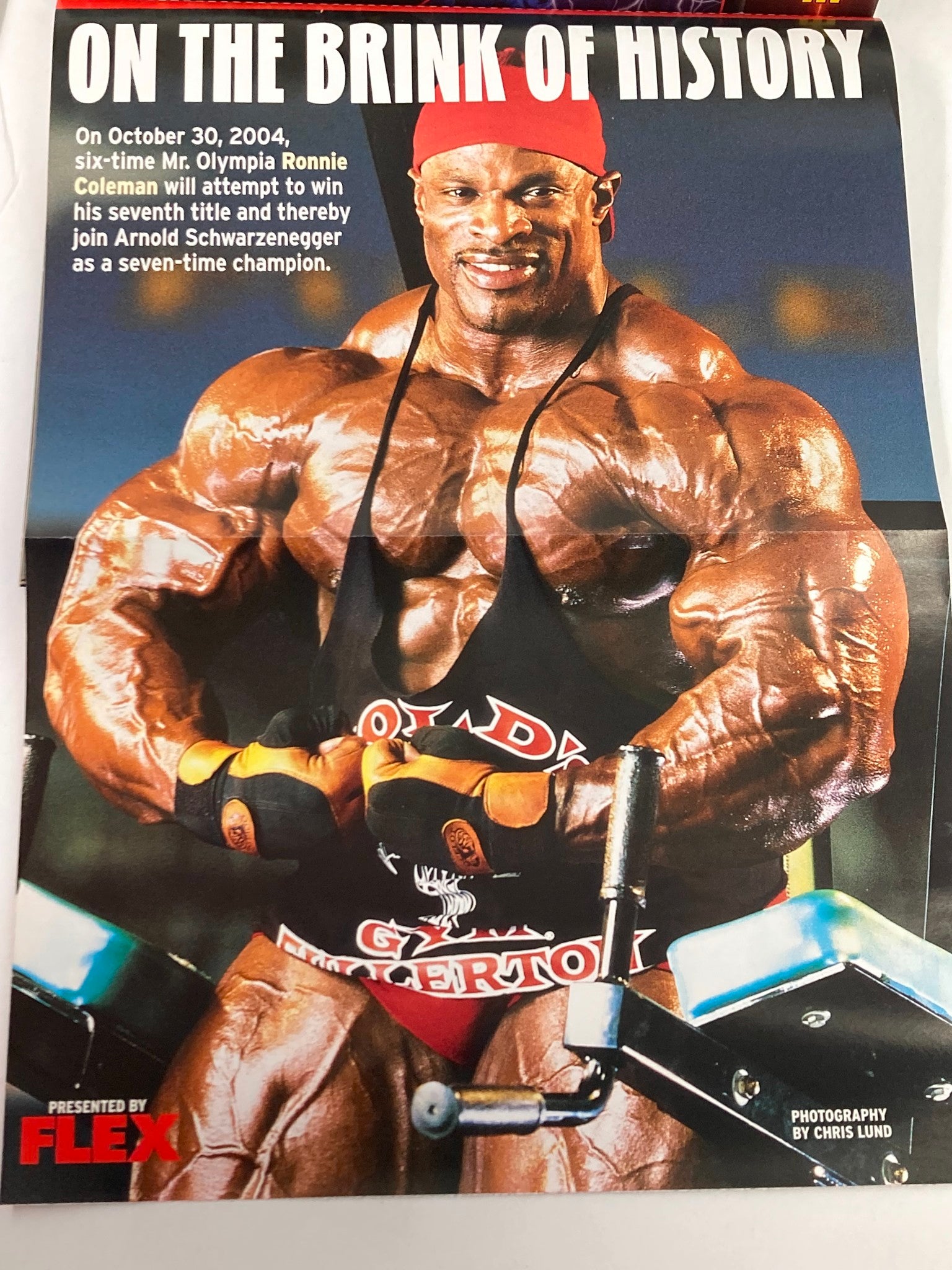 Poster included in Flex Magazine November 2004, depicting Ronnie Coleman, six-time Mr. Olympia, highlighting his pursuit of a seventh title.