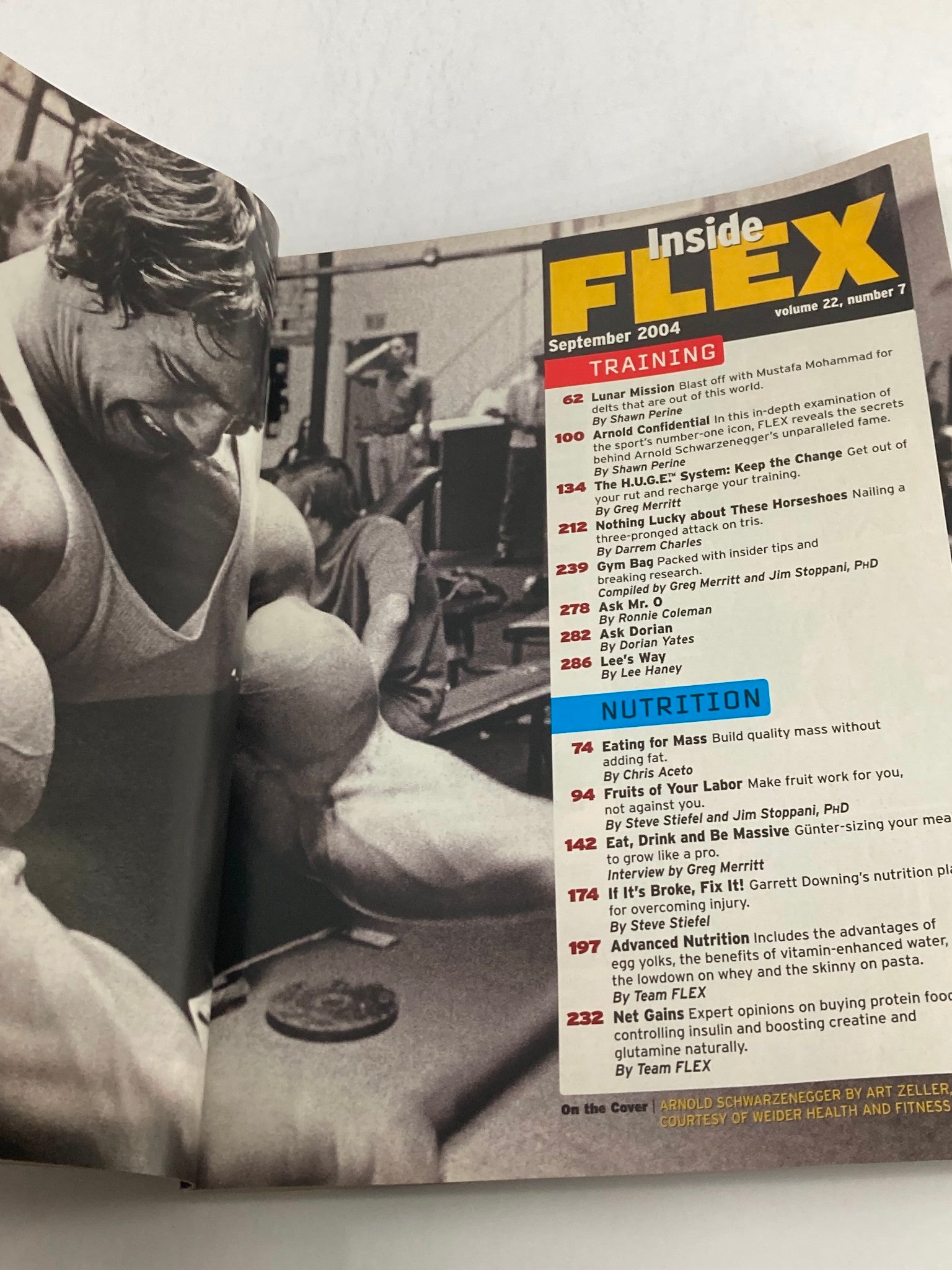 Inside Flex Magazine, September 2004, Volume 22 #7 featuring a workout scene with a bodybuilder showcasing training tips and nutrition advice. Ideal for fitness enthusiasts and collectors.